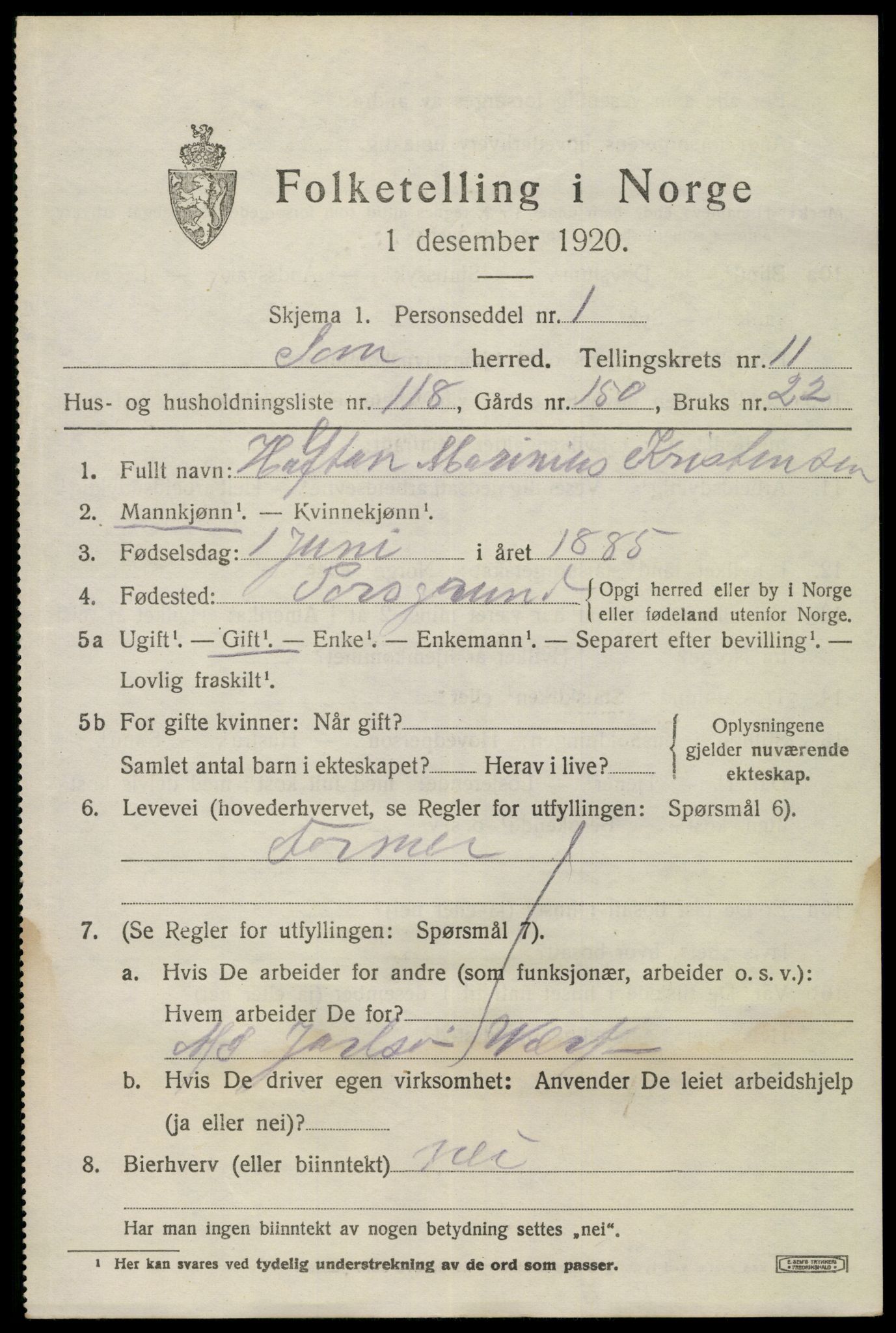 SAKO, Folketelling 1920 for 0721 Sem herred, 1920, s. 15915