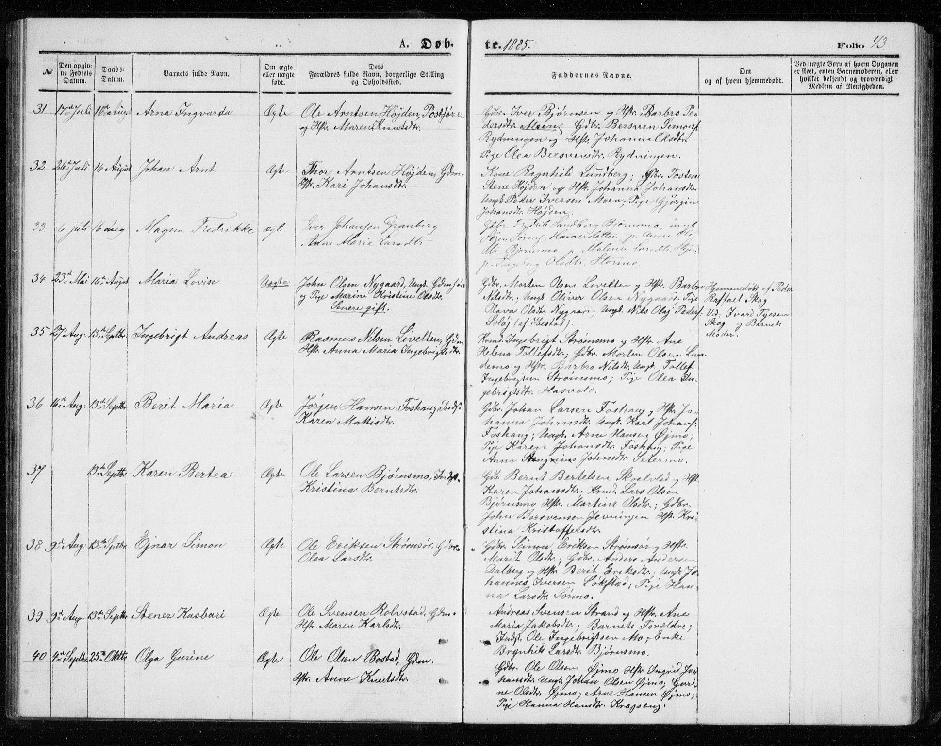 Målselv sokneprestembete, AV/SATØ-S-1311/G/Ga/Gab/L0007klokker: Klokkerbok nr. 7, 1876-1895, s. 43