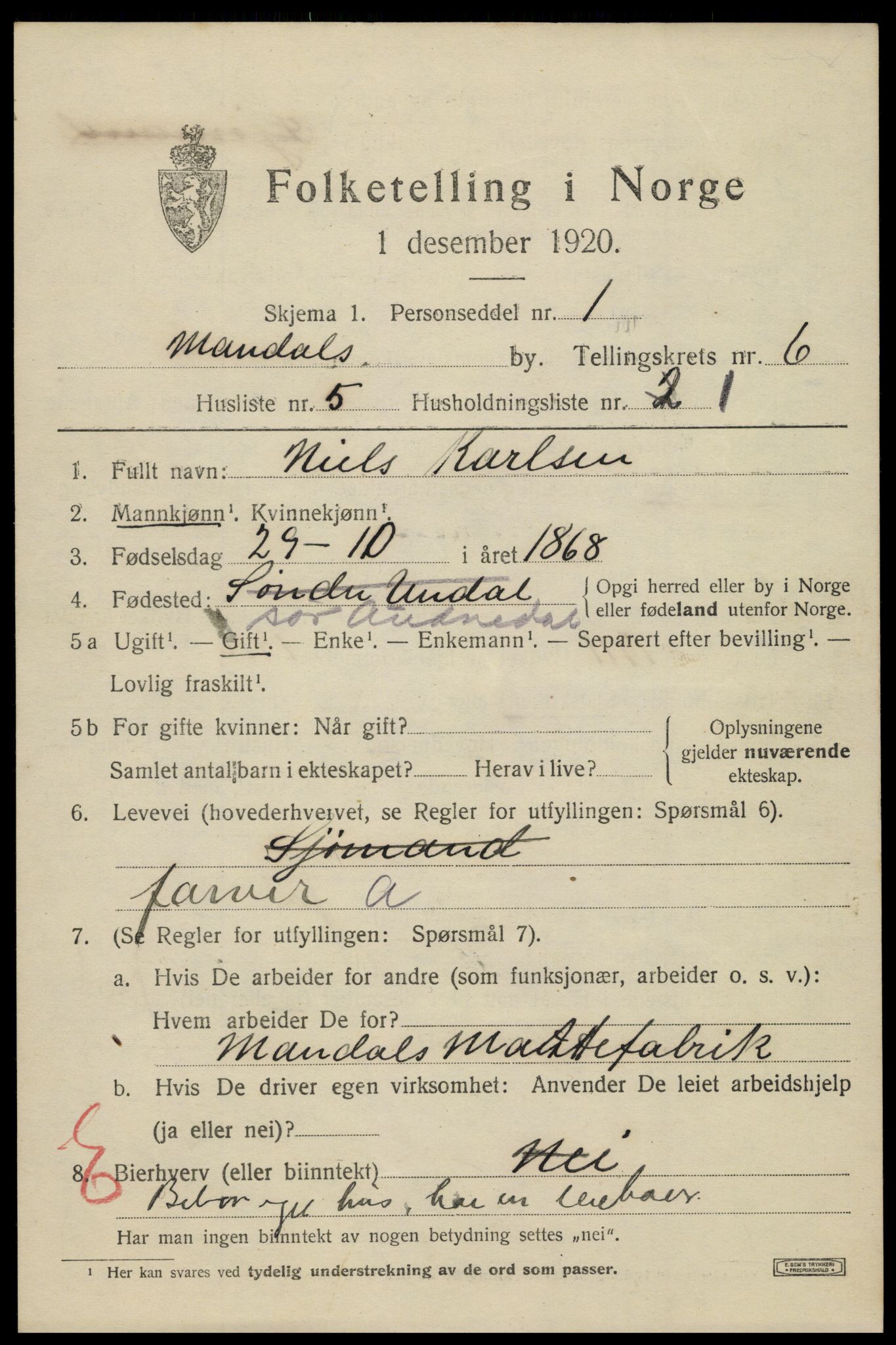 SAK, Folketelling 1920 for 1002 Mandal ladested, 1920, s. 9153