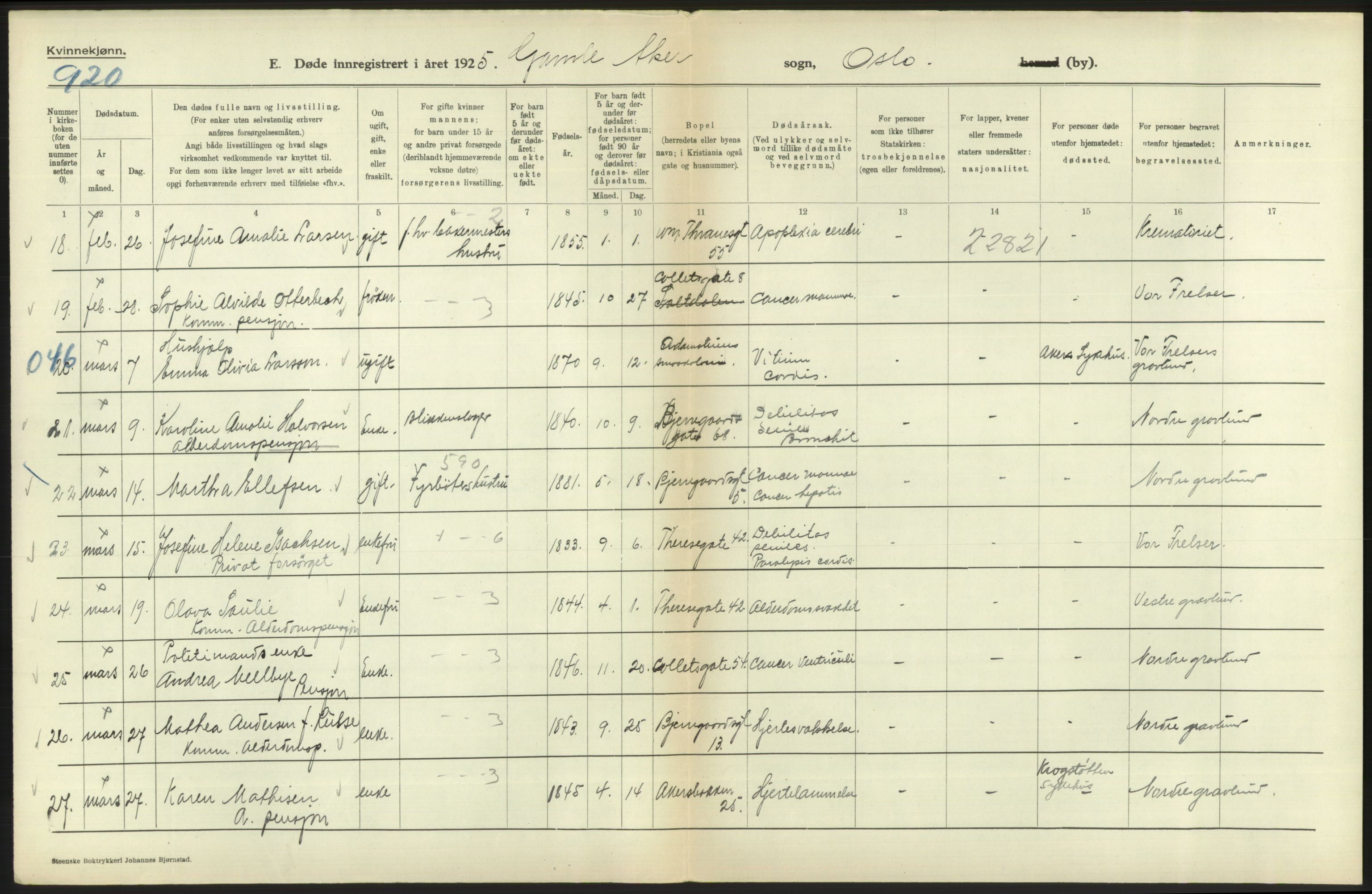 Statistisk sentralbyrå, Sosiodemografiske emner, Befolkning, AV/RA-S-2228/D/Df/Dfc/Dfce/L0010: Oslo: Døde kvinner, dødfødte, 1925, s. 316