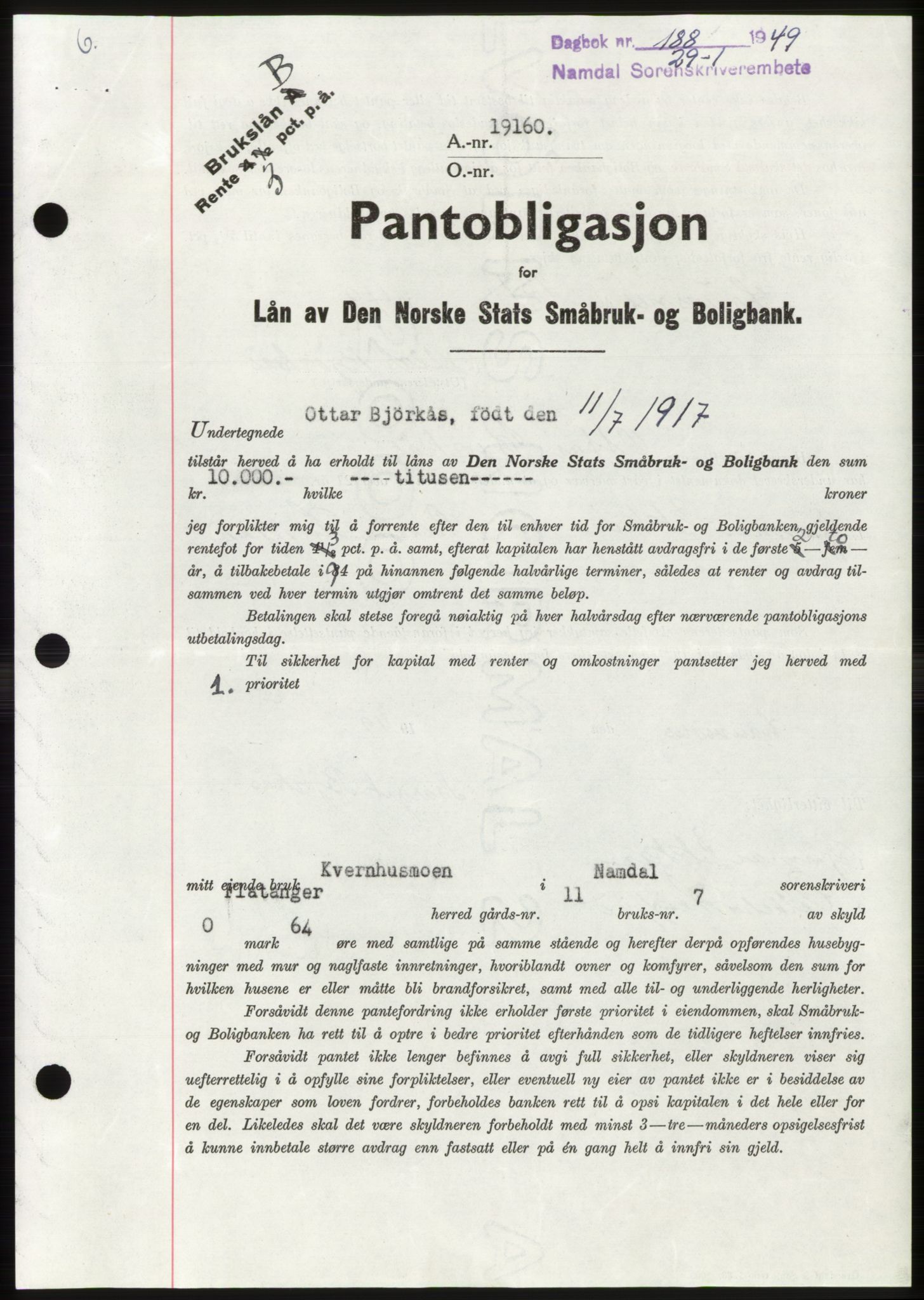 Namdal sorenskriveri, SAT/A-4133/1/2/2C: Pantebok nr. -, 1949-1949, Dagboknr: 188/1949