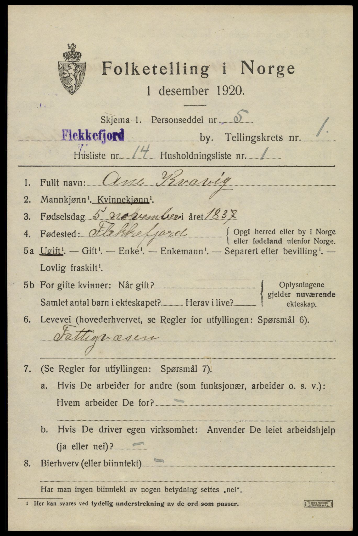 SAK, Folketelling 1920 for 1004 Flekkefjord kjøpstad, 1920, s. 2004