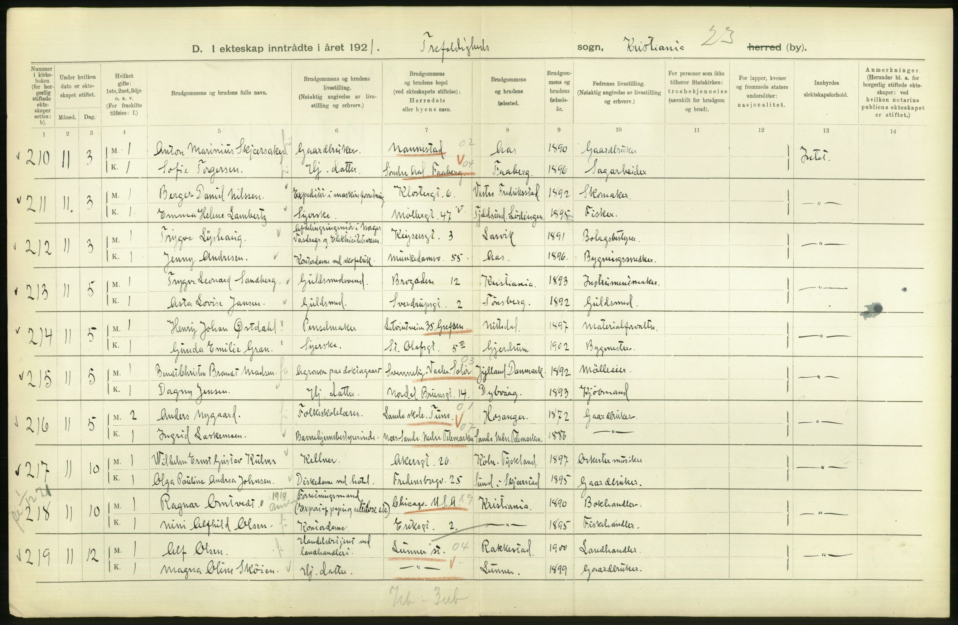 Statistisk sentralbyrå, Sosiodemografiske emner, Befolkning, AV/RA-S-2228/D/Df/Dfc/Dfca/L0011: Kristiania: Gifte, 1921, s. 52