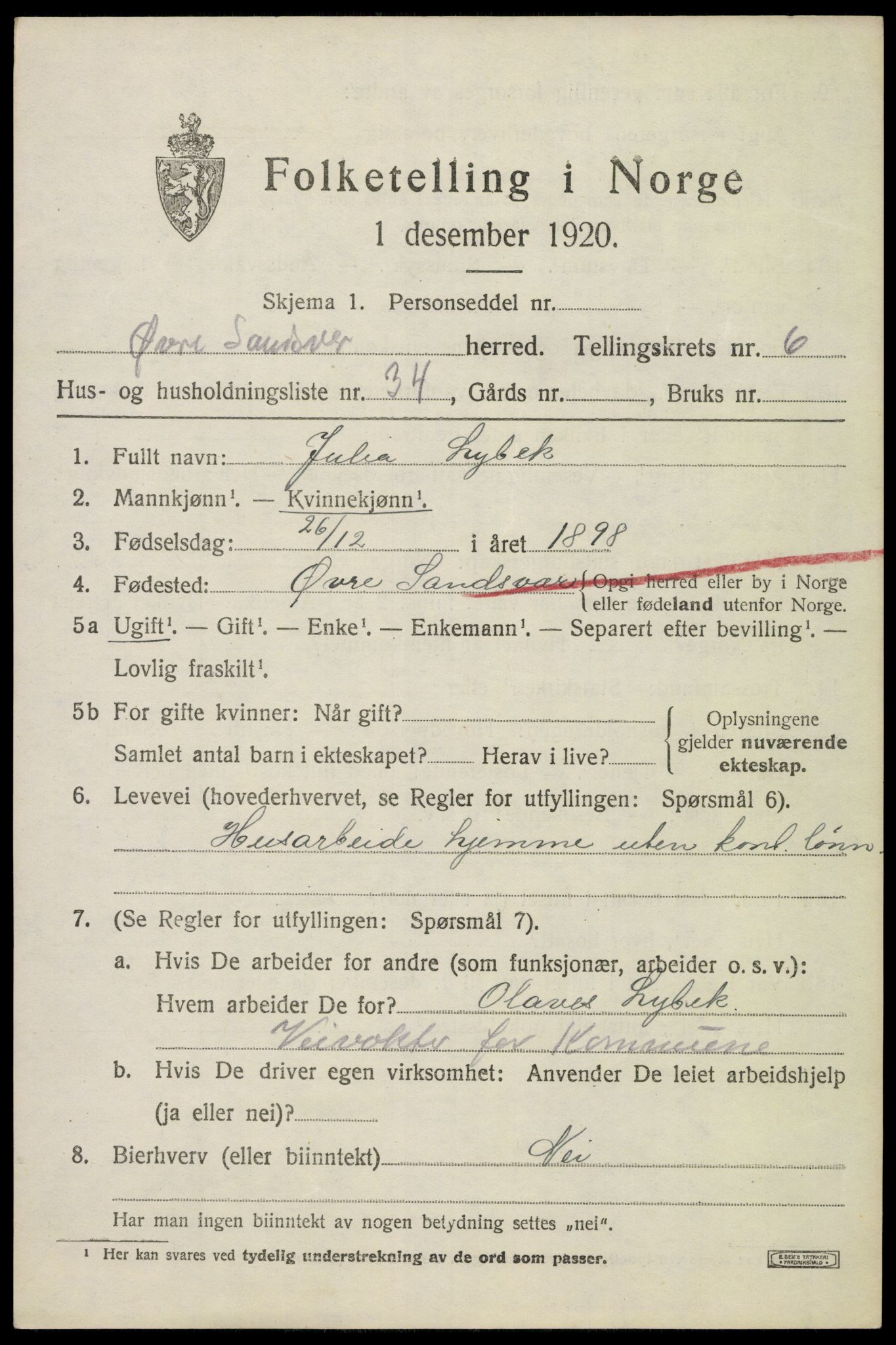 SAKO, Folketelling 1920 for 0630 Øvre Sandsvær herred, 1920, s. 3742