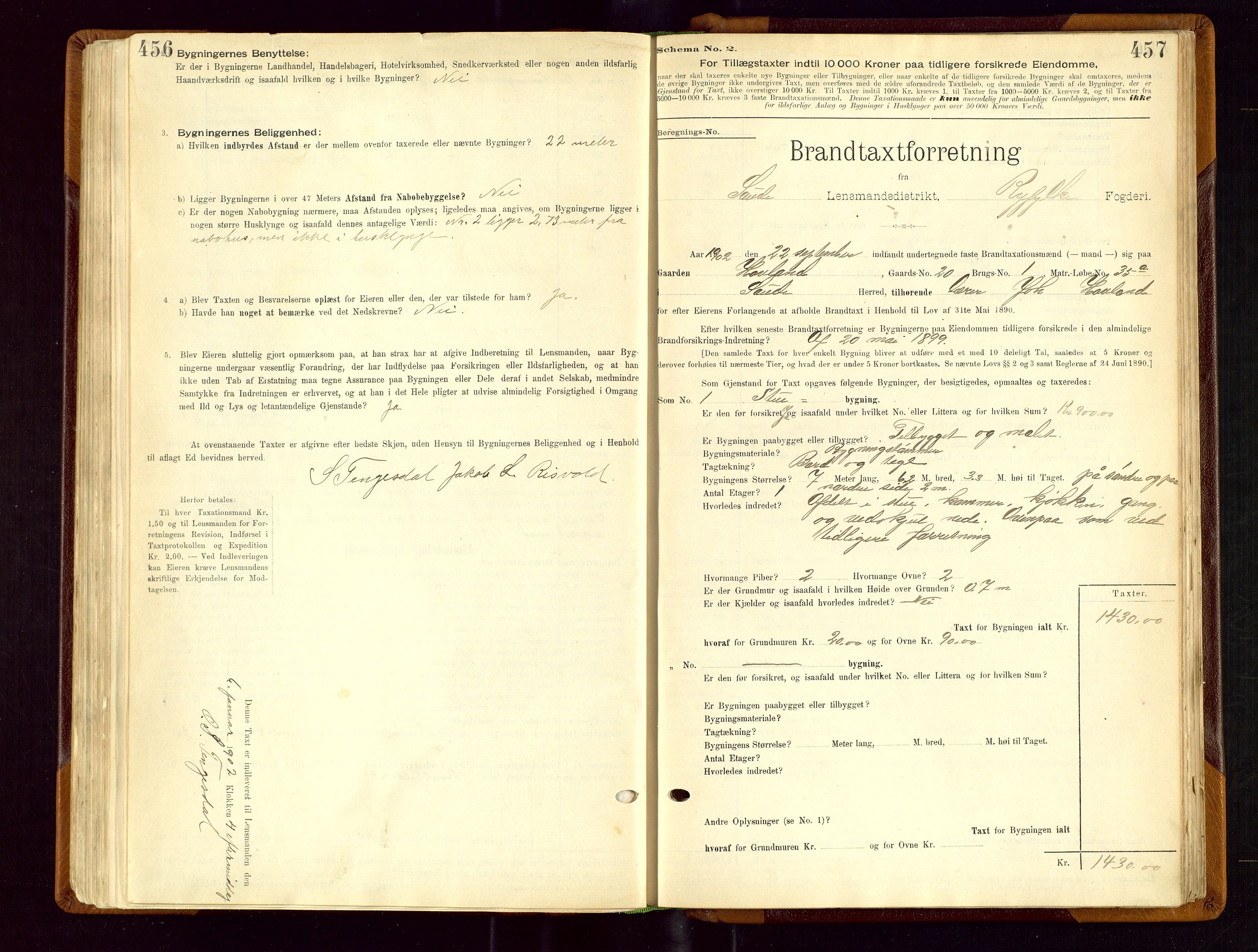 Sauda lensmannskontor, AV/SAST-A-100177/Gob/L0001: Branntakstprotokoll - skjematakst, 1894-1914, s. 456-457