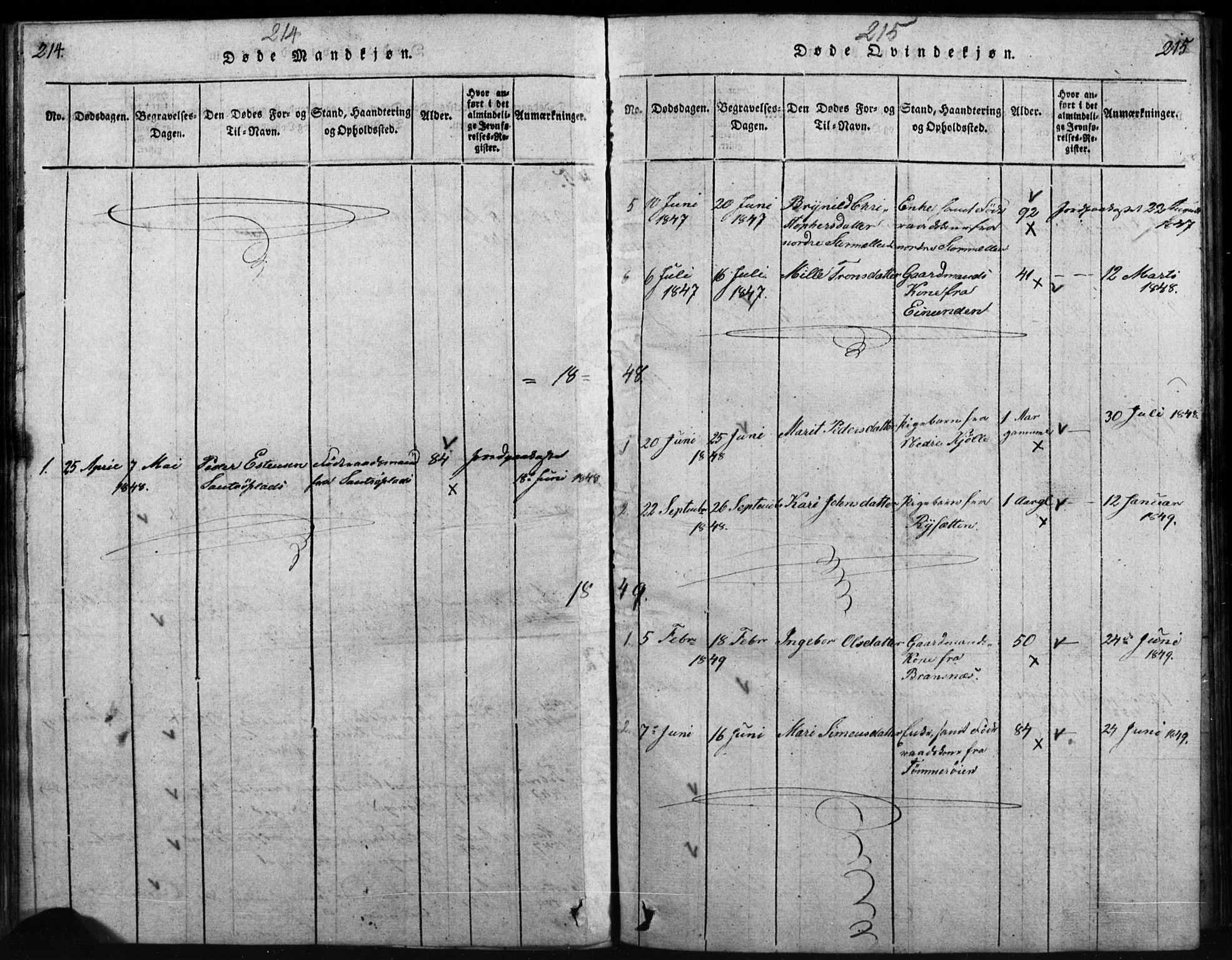 Tynset prestekontor, SAH/PREST-058/H/Ha/Hab/L0003: Klokkerbok nr. 3, 1814-1862, s. 214-215