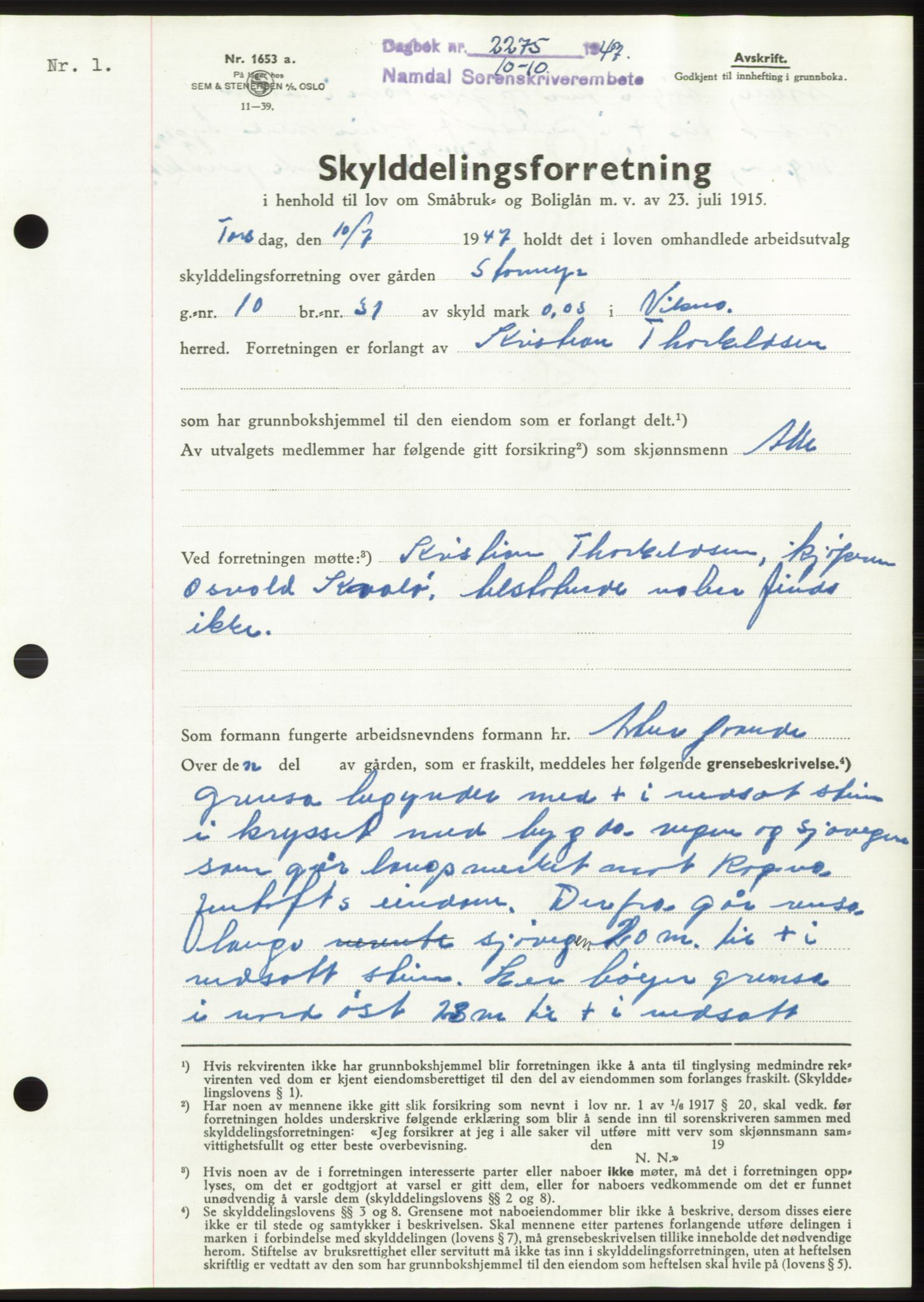 Namdal sorenskriveri, SAT/A-4133/1/2/2C: Pantebok nr. -, 1947-1947, Dagboknr: 2275/1947