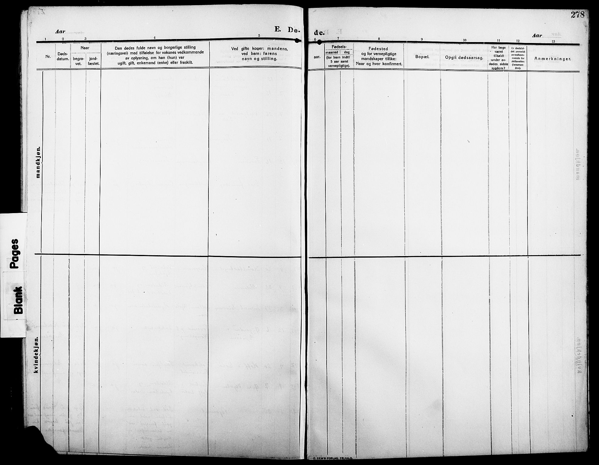 Åsnes prestekontor, SAH/PREST-042/H/Ha/Hab/L0007: Klokkerbok nr. 7, 1909-1926, s. 278