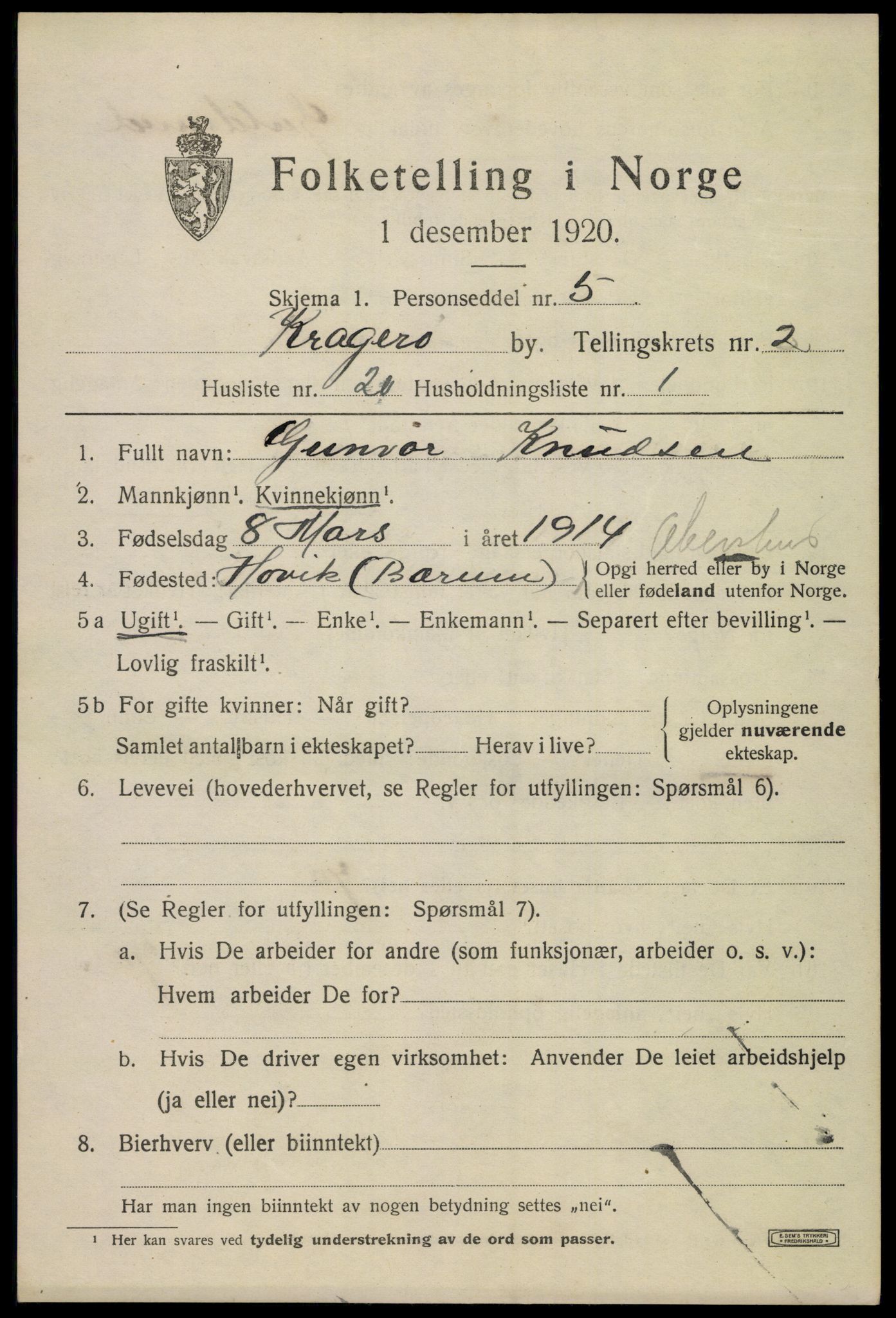 SAKO, Folketelling 1920 for 0801 Kragerø kjøpstad, 1920, s. 5595