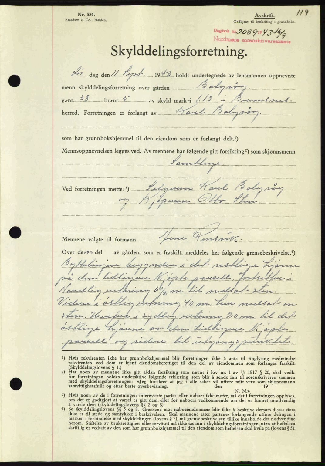 Nordmøre sorenskriveri, SAT/A-4132/1/2/2Ca: Pantebok nr. A96, 1943-1944, Dagboknr: 2089/1943