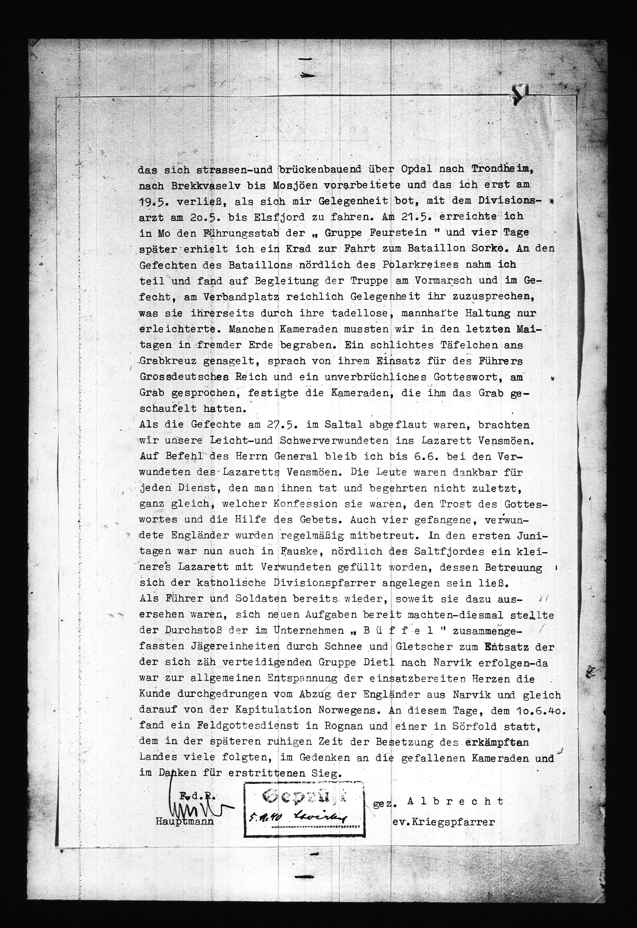 Documents Section, RA/RAFA-2200/V/L0086: Amerikansk mikrofilm "Captured German Documents".
Box No. 725.  FKA jnr. 601/1954., 1940, s. 104