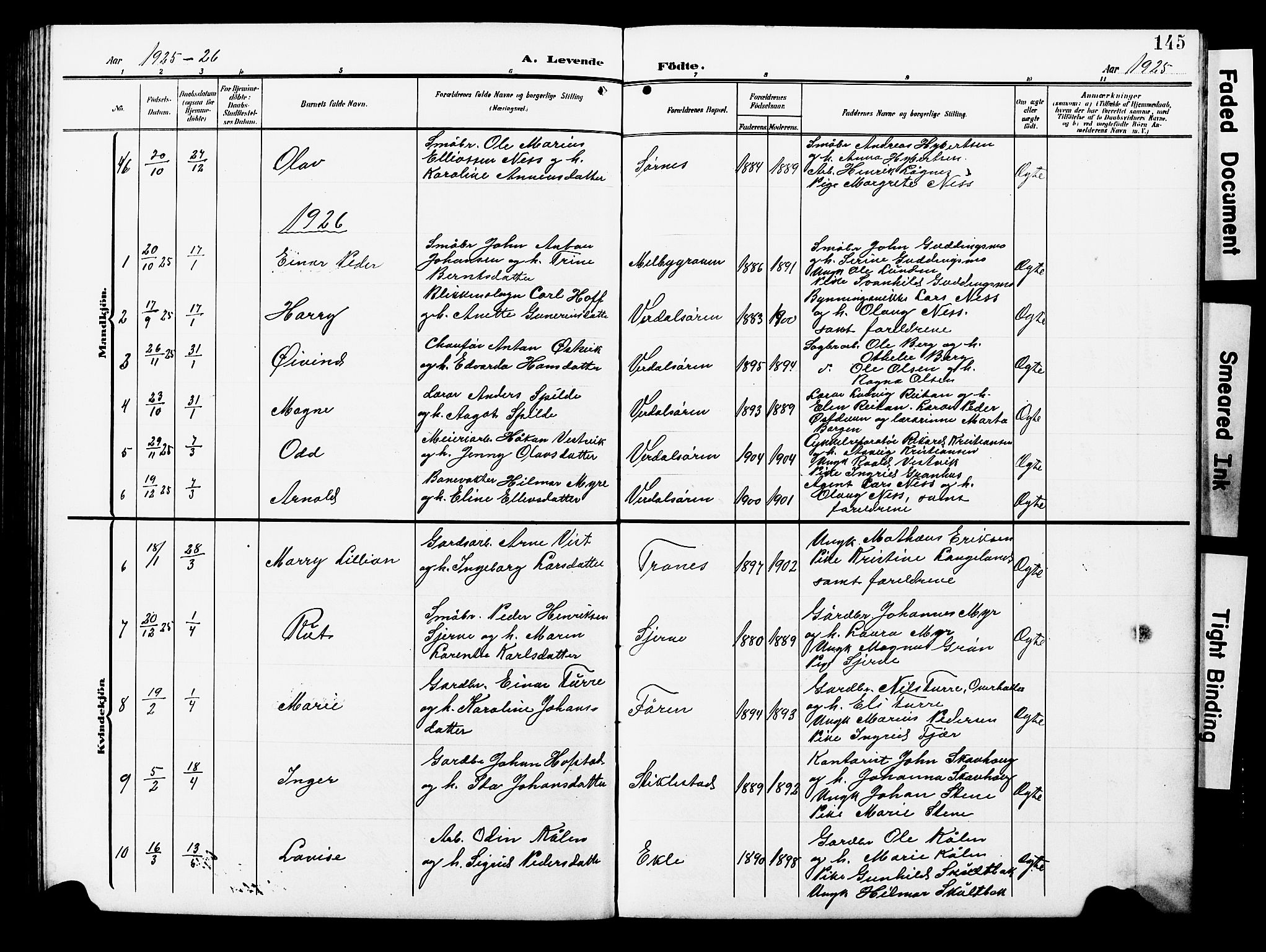 Ministerialprotokoller, klokkerbøker og fødselsregistre - Nord-Trøndelag, AV/SAT-A-1458/723/L0258: Klokkerbok nr. 723C06, 1908-1927, s. 145