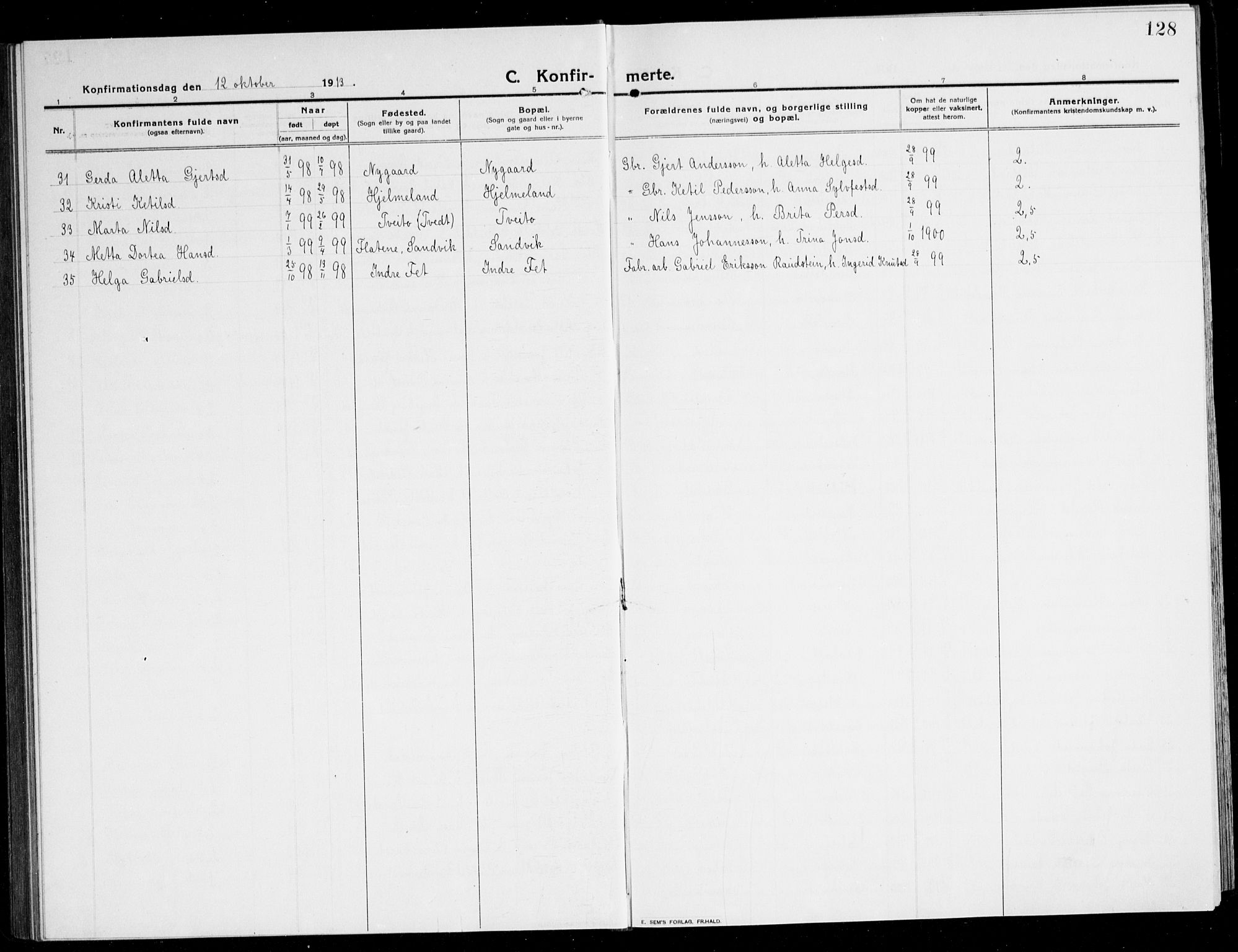 Kvinnherad sokneprestembete, SAB/A-76401/H/Hab: Klokkerbok nr. A 3, 1911-1945, s. 128