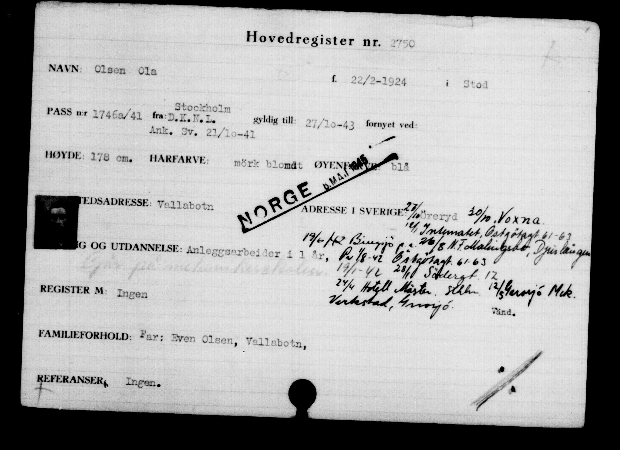 Utenriksstasjonene, Legasjonen i Stockholm, Flyktningkontoret, AV/RA-S-6753/V/Va/L0003: Kjesäterkartoteket, flyktninger med registreringsnr. 2001-3495, 1940-1945, s. 1136