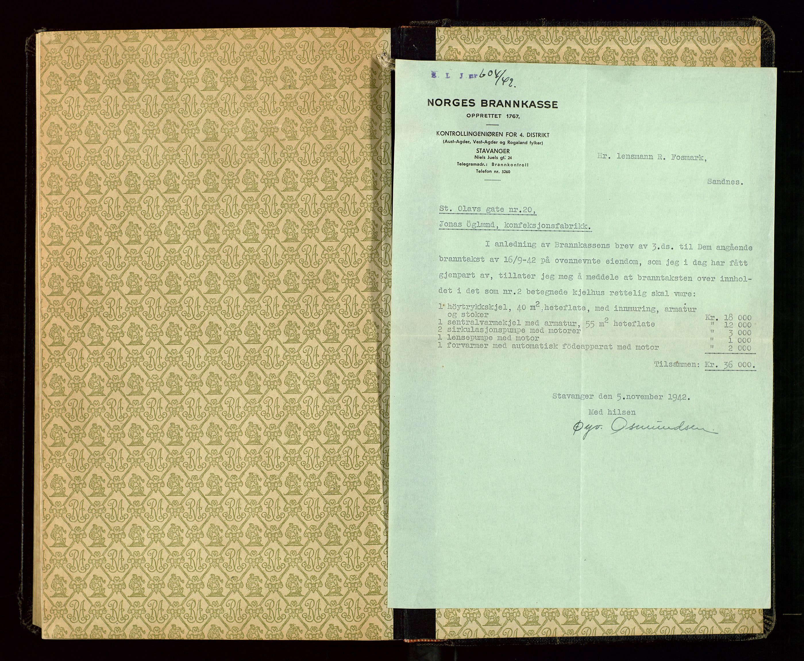 Sandnes lensmannskontor, SAST/A-100167/Goa/L0005: "Brandtakstprotokol", 1941-1943