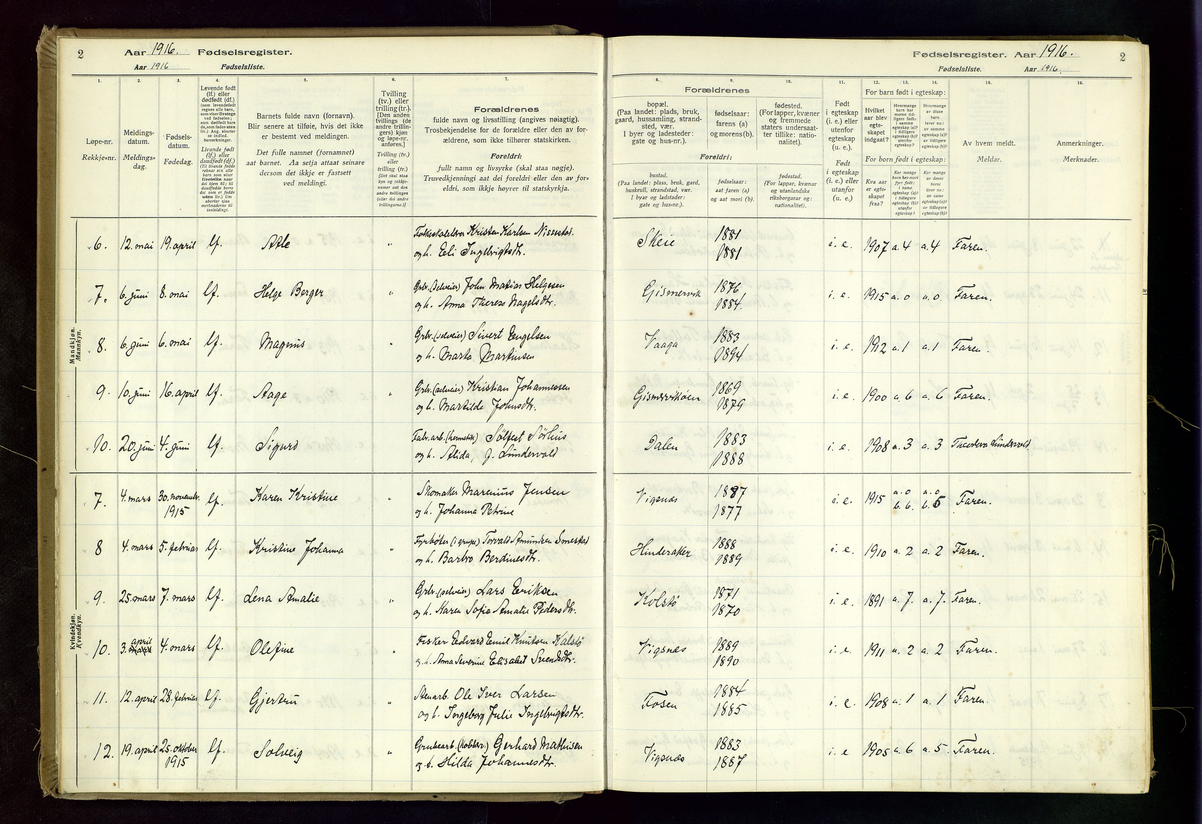 Avaldsnes sokneprestkontor, SAST/A -101851/I/Id/L0001: Fødselsregister nr. 1, 1916-1946, s. 2