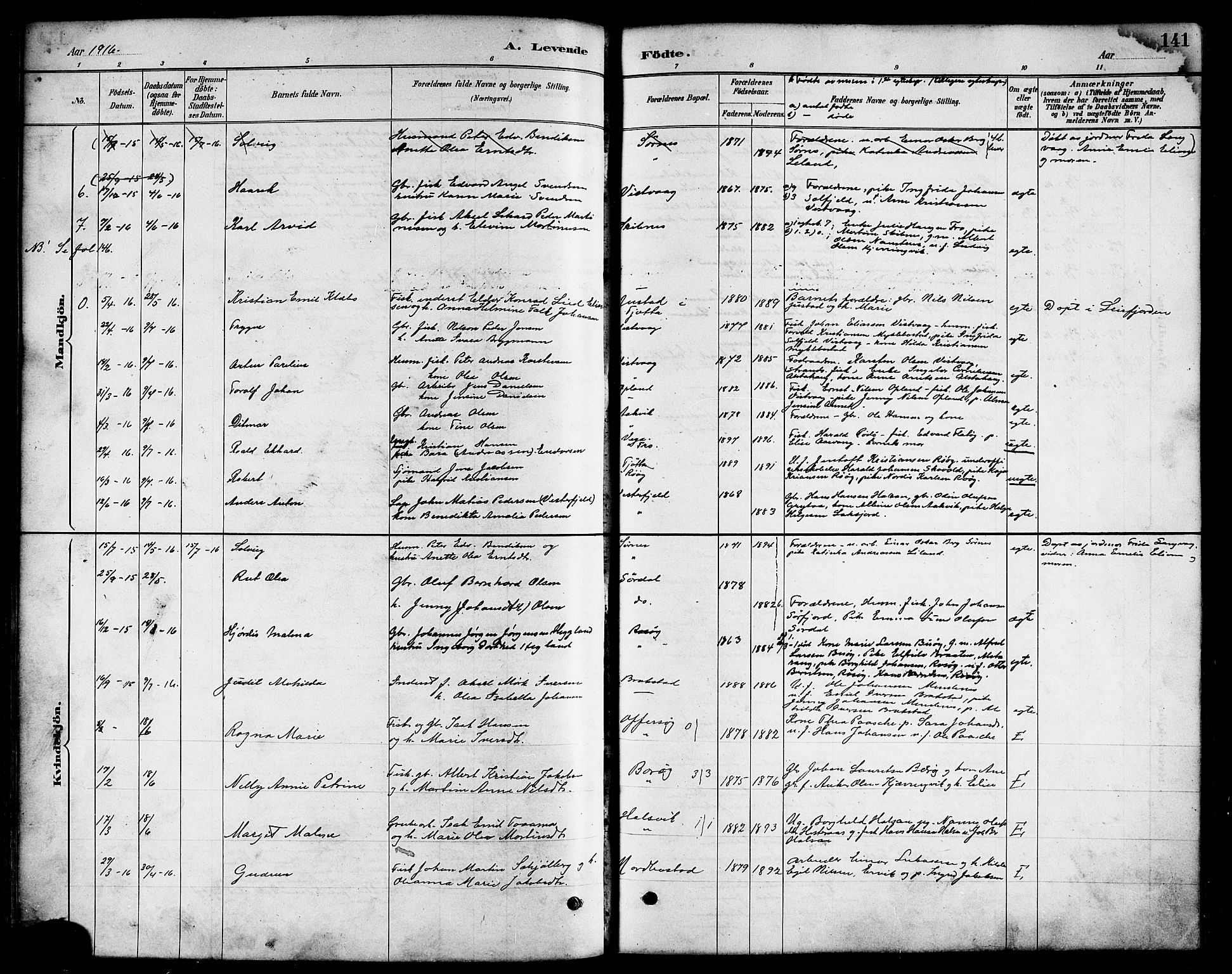 Ministerialprotokoller, klokkerbøker og fødselsregistre - Nordland, AV/SAT-A-1459/817/L0268: Klokkerbok nr. 817C03, 1884-1920, s. 141