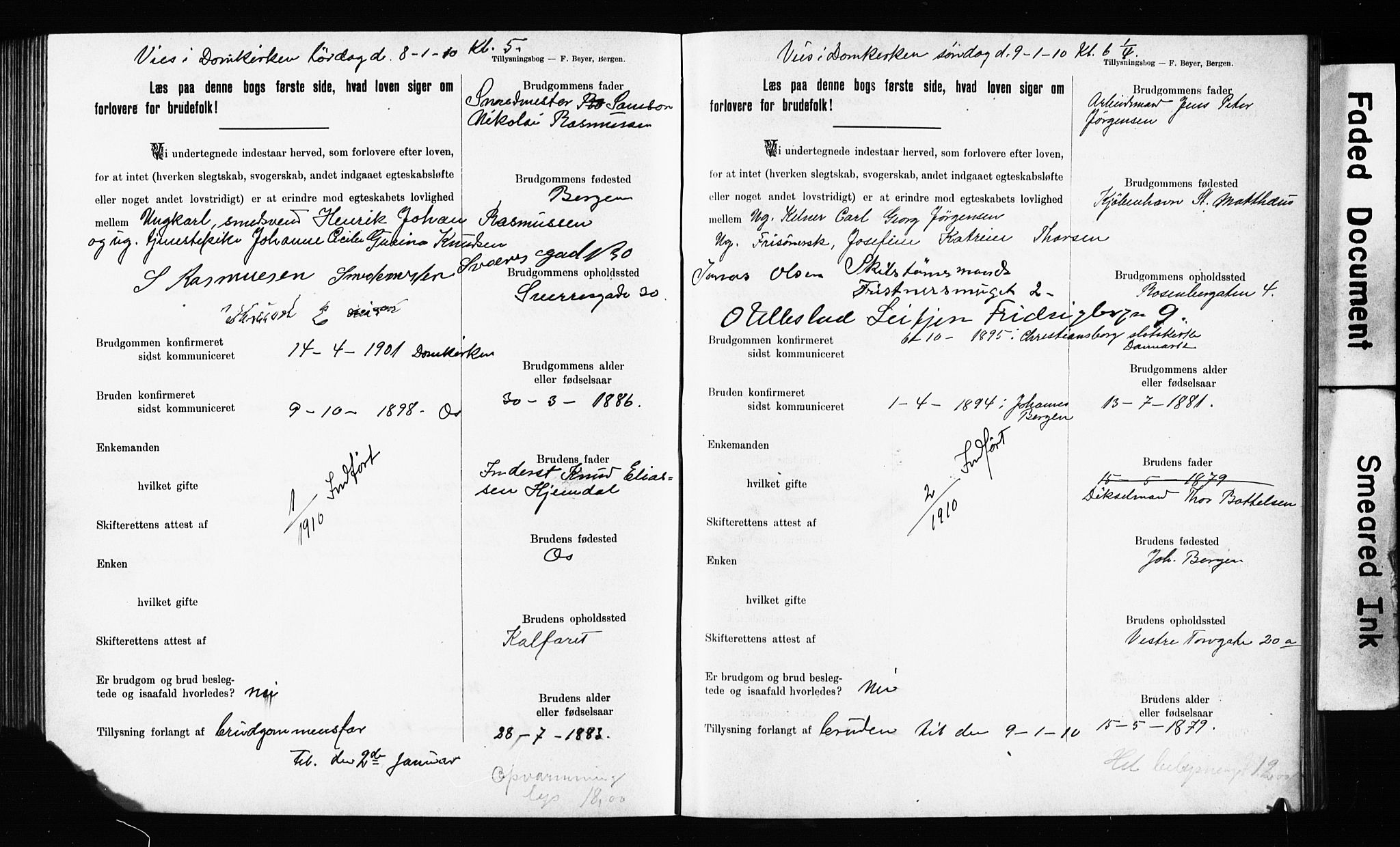 Domkirken sokneprestembete, SAB/A-74801: Forlovererklæringer nr. II.5.11, 1899-1910, s. 365