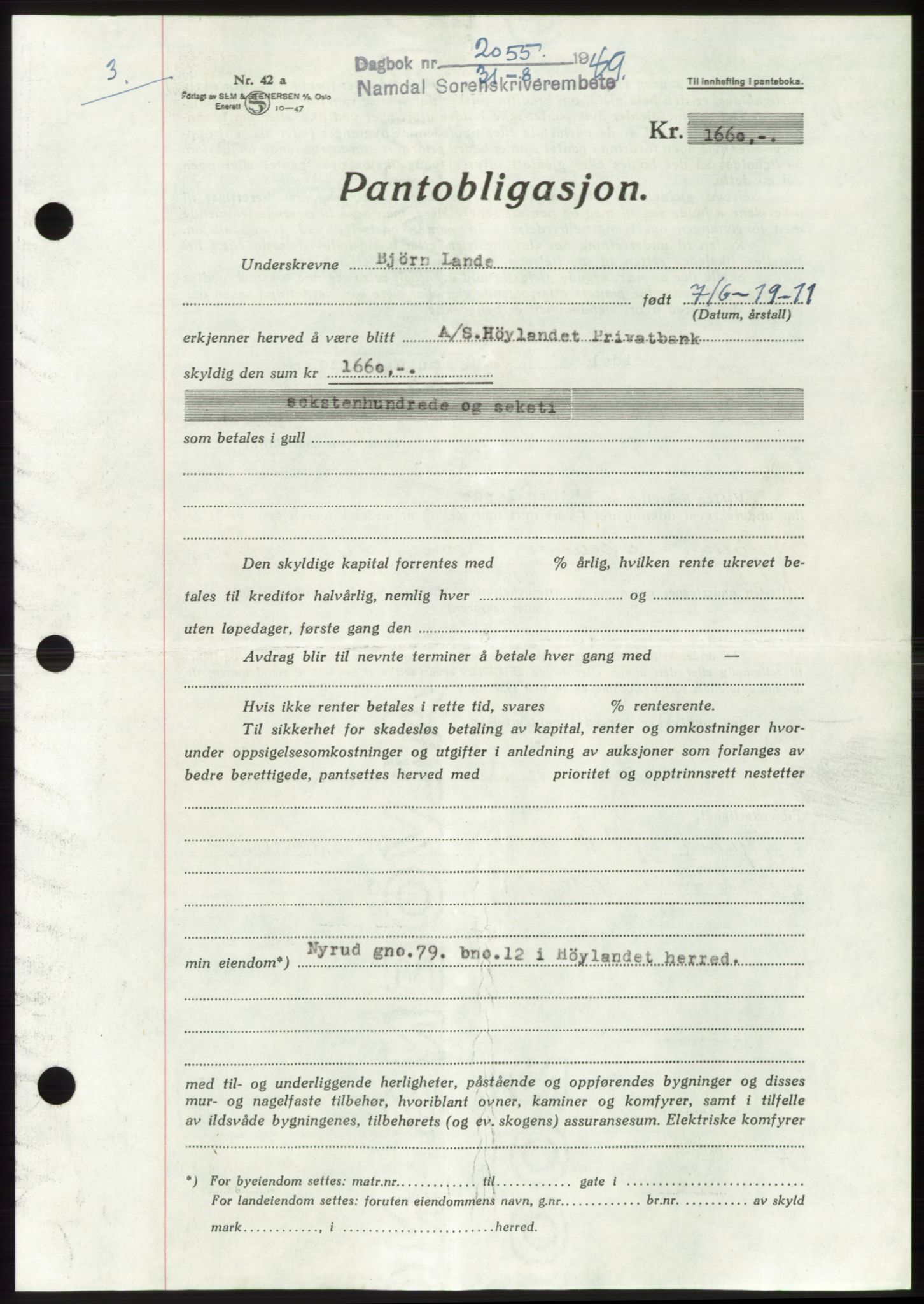 Namdal sorenskriveri, SAT/A-4133/1/2/2C: Pantebok nr. -, 1949-1949, Dagboknr: 2055/1949