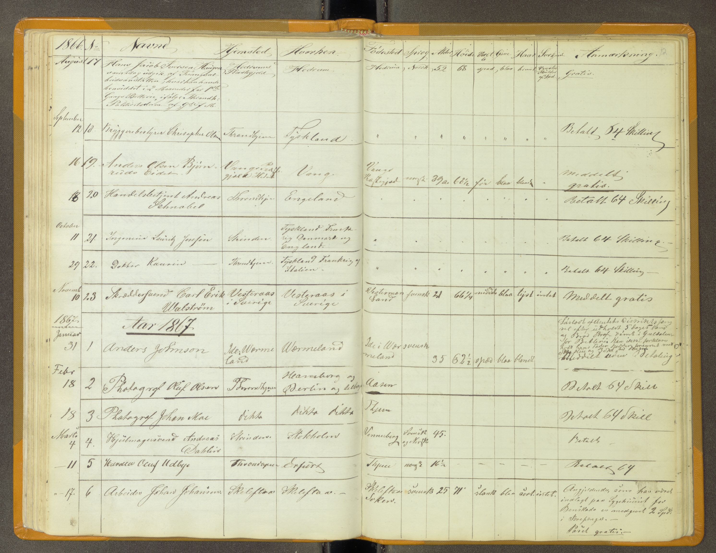 Trondheim politikammer, AV/SAT-A-1887/1/30/L0011: Passprotokoll. Utstedte pass 1855-1890. Utstede og forviste handelsbrev 1857-1860, 1855-1890, s. 81b-82a