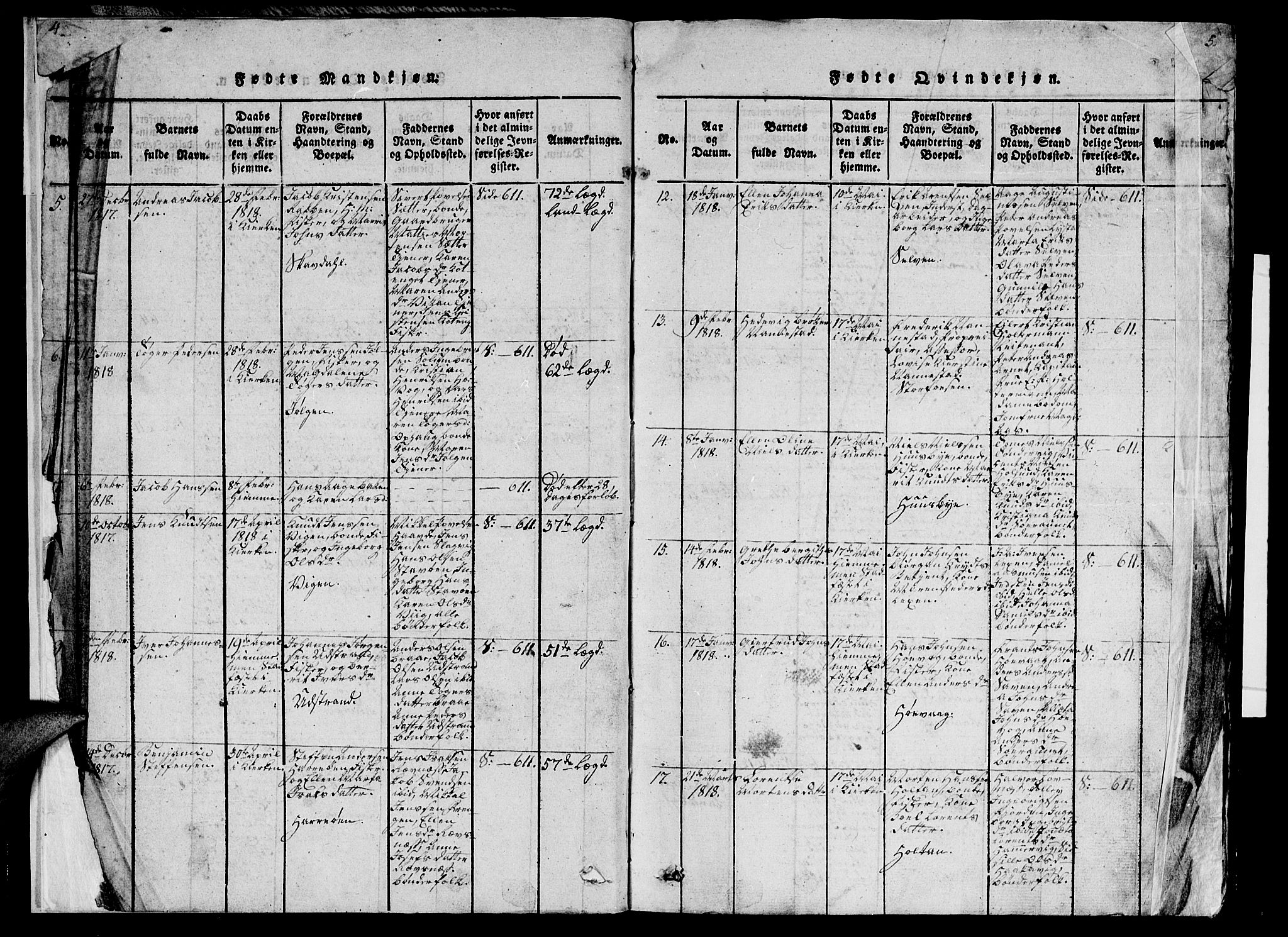 Ministerialprotokoller, klokkerbøker og fødselsregistre - Sør-Trøndelag, AV/SAT-A-1456/659/L0744: Klokkerbok nr. 659C01, 1818-1825, s. 4-5