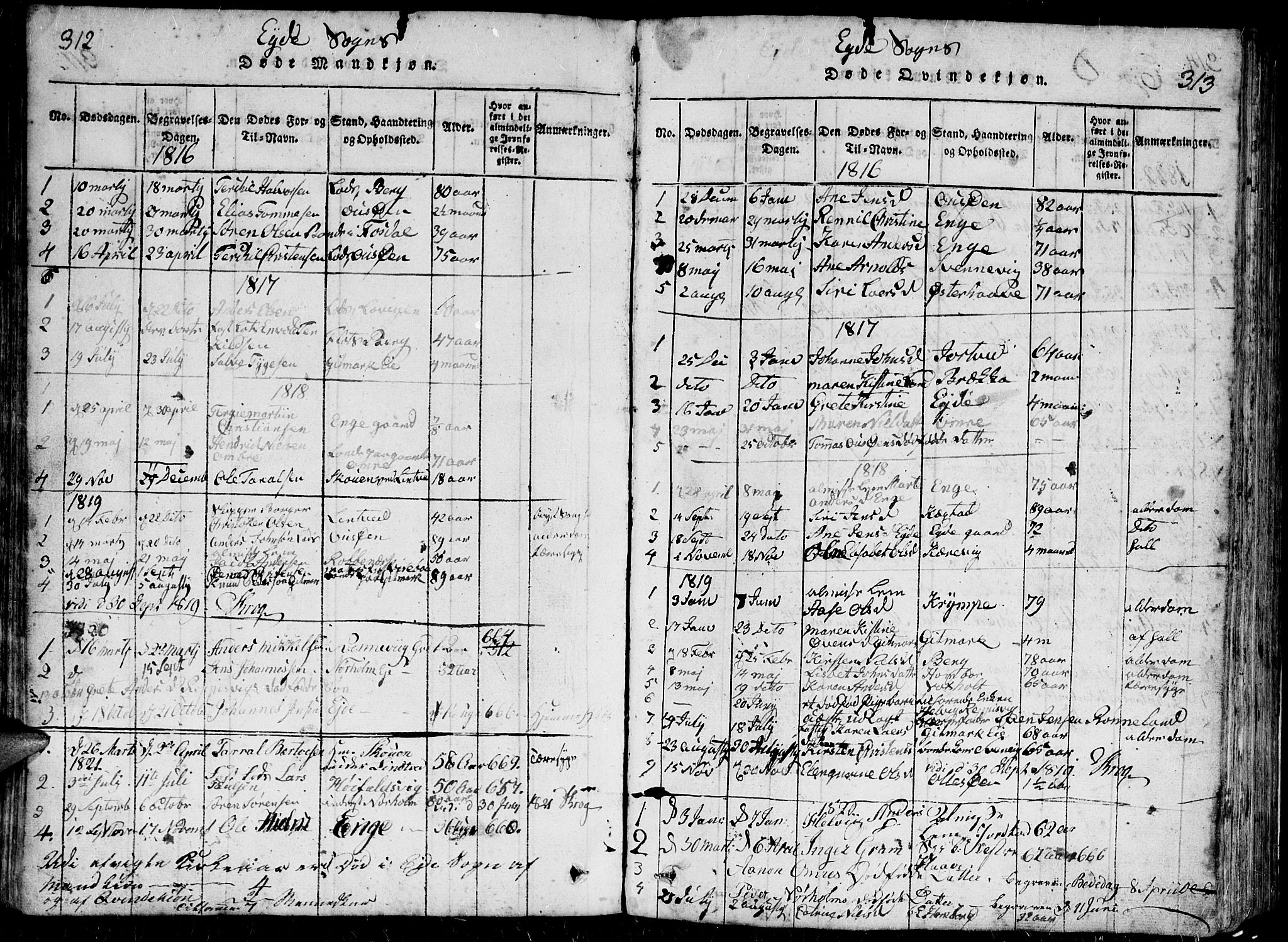 Hommedal sokneprestkontor, AV/SAK-1111-0023/F/Fb/Fbb/L0003: Klokkerbok nr. B 3 /2, 1816-1850, s. 312-313