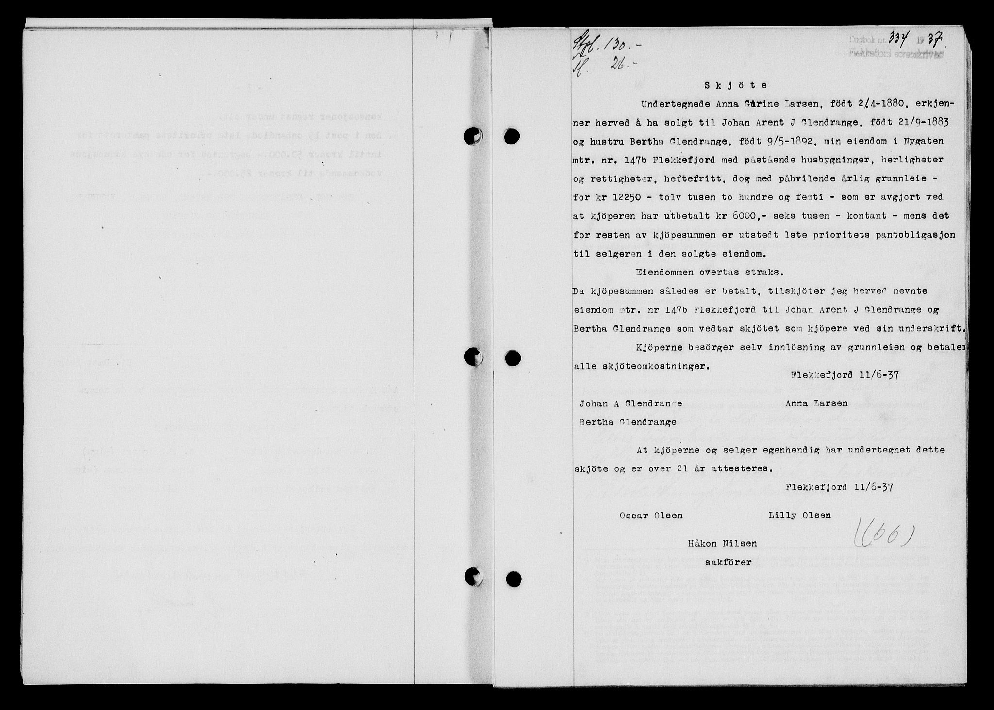 Flekkefjord sorenskriveri, SAK/1221-0001/G/Gb/Gba/L0053: Pantebok nr. A-1, 1936-1937, Dagboknr: 334/1937