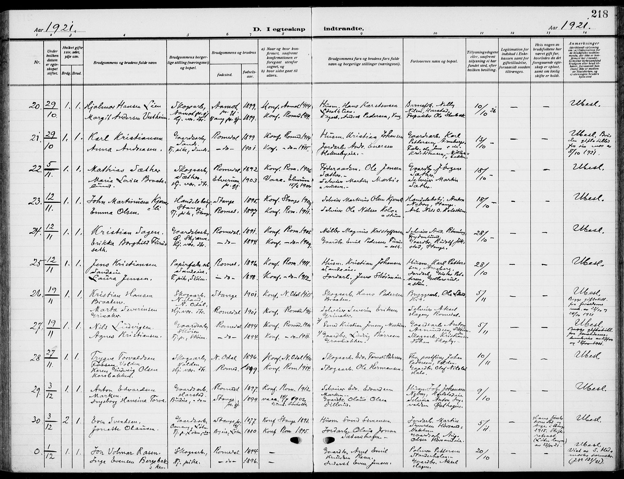 Romedal prestekontor, AV/SAH-PREST-004/K/L0012: Ministerialbok nr. 12, 1913-1935, s. 218