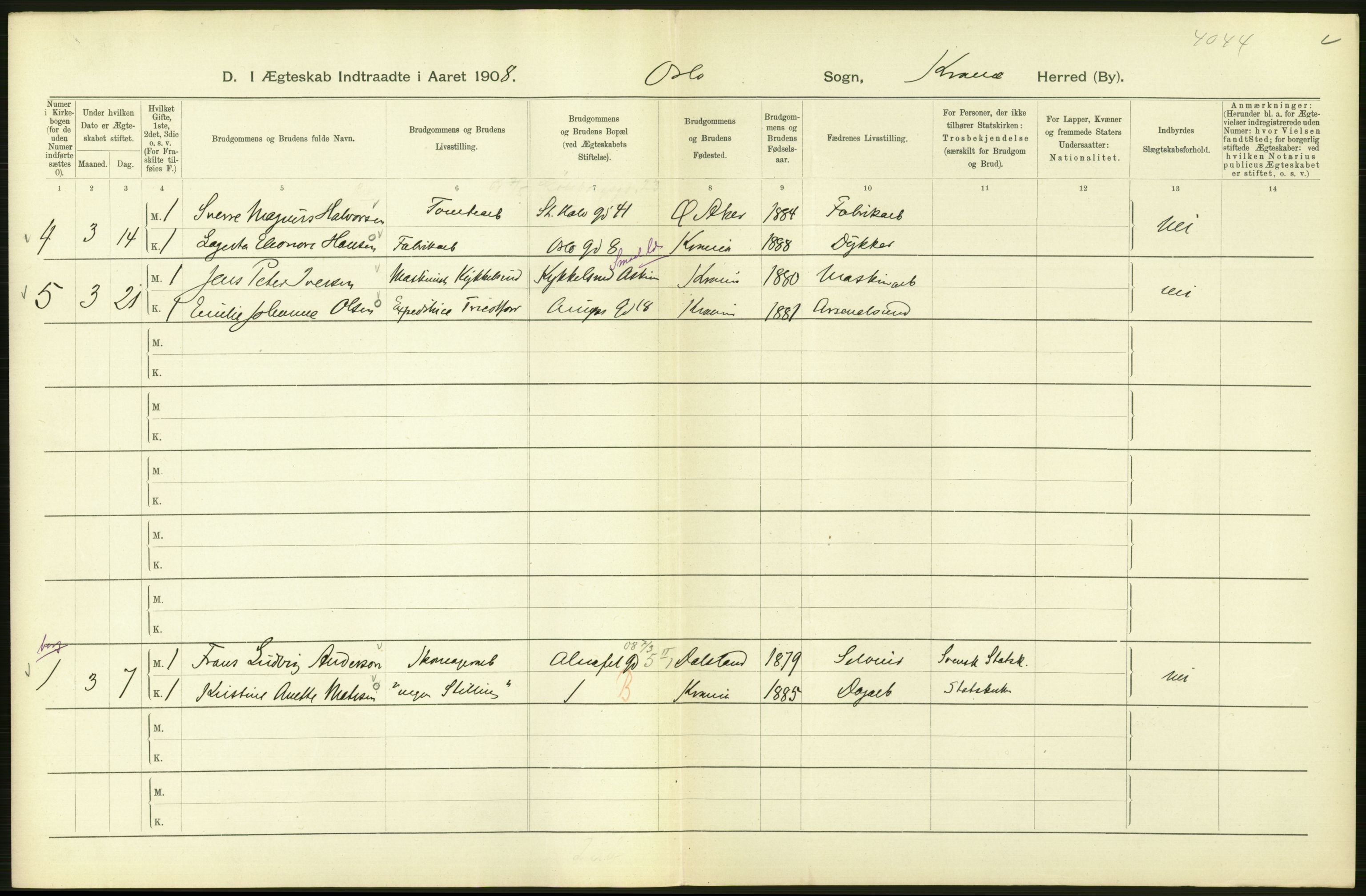 Statistisk sentralbyrå, Sosiodemografiske emner, Befolkning, AV/RA-S-2228/D/Df/Dfa/Dfaf/L0007: Kristiania: Gifte, 1908, s. 226