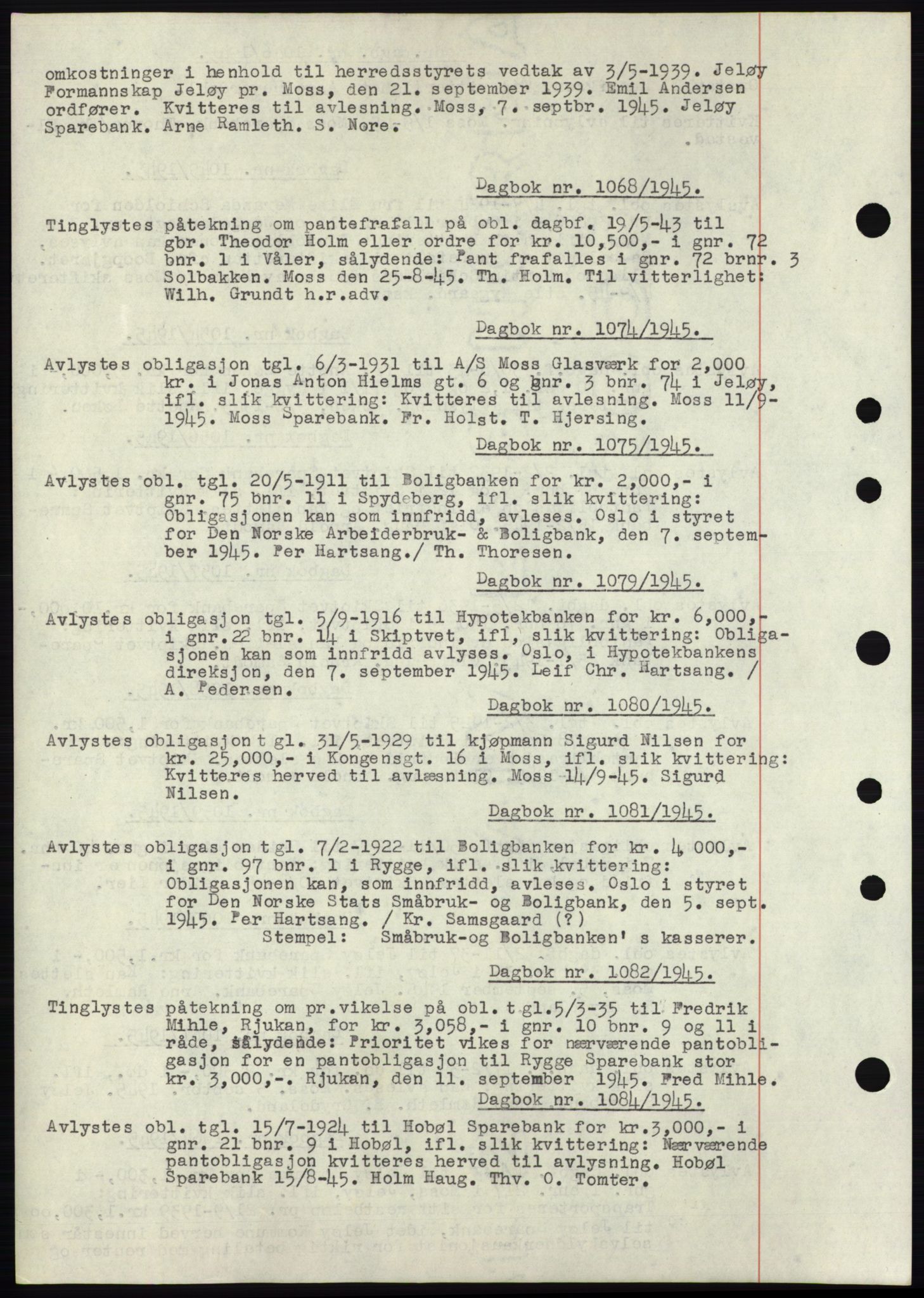 Moss sorenskriveri, SAO/A-10168: Pantebok nr. C10, 1938-1950, Dagboknr: 1068/1945