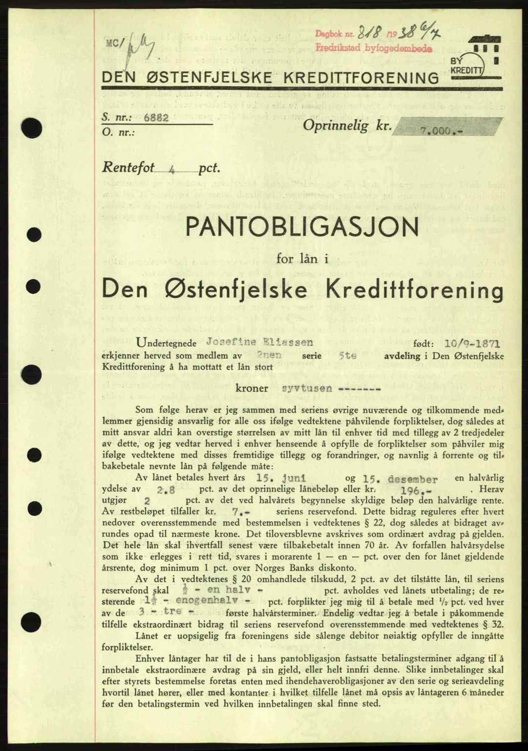 Fredrikstad byfogd, SAO/A-10473a/G/Ga/Gad/L0002: Pantebok nr. B2, 1938-1939, Dagboknr: 818/1938