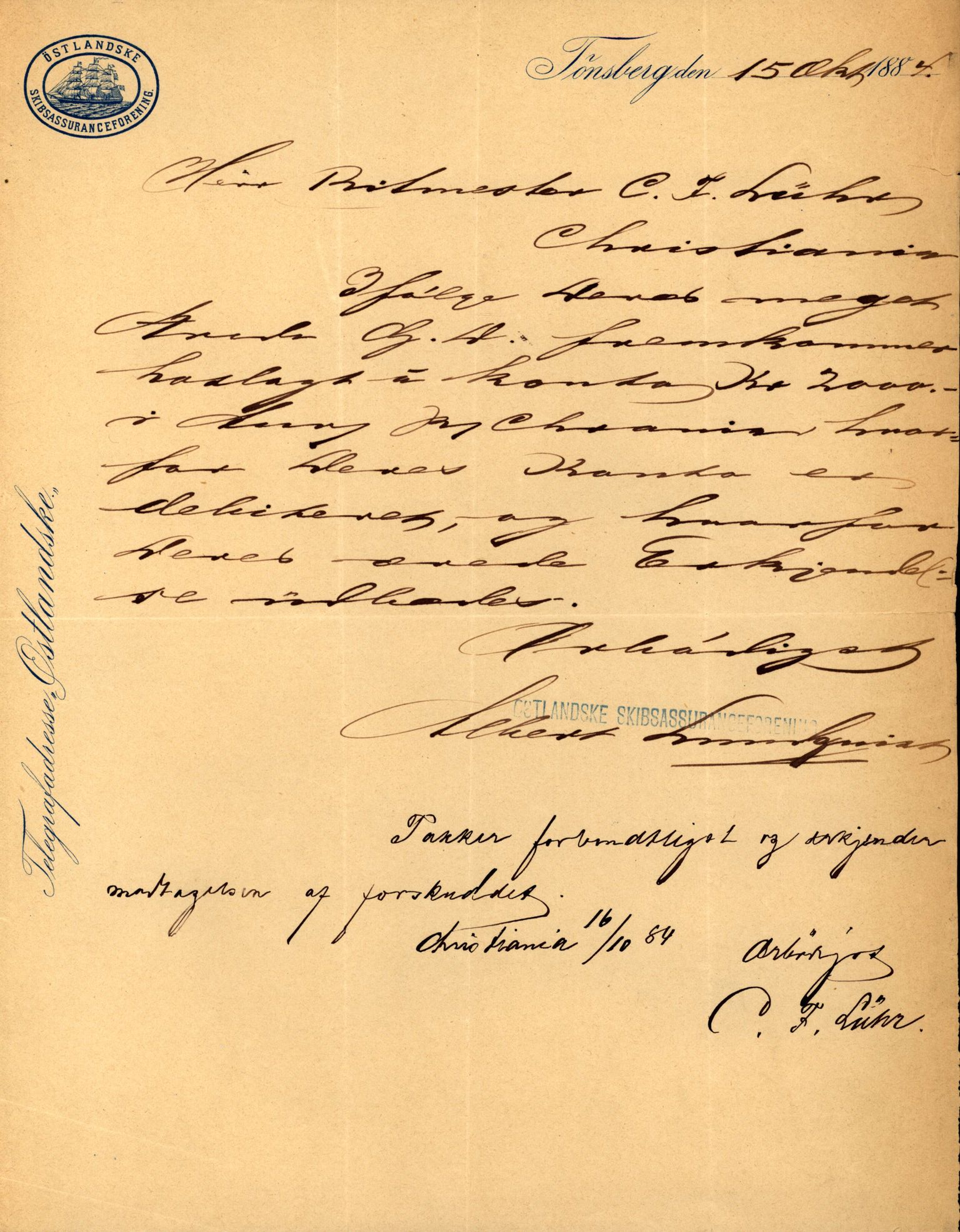 Pa 63 - Østlandske skibsassuranceforening, VEMU/A-1079/G/Ga/L0017/0014: Havaridokumenter / Petrus, Vera, Venus, Iphigenia, Jarlsberg, Harmonia, 1884, s. 71