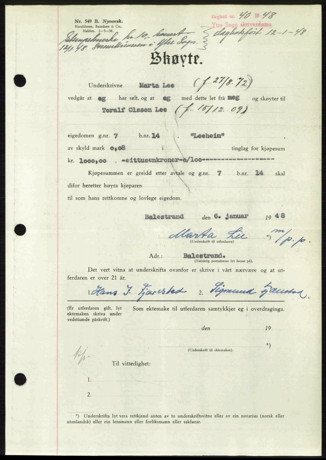 Ytre Sogn tingrett, SAB/A-2601/1/G/Gbb/L0005: Pantebok nr. A3 - A4 (B2), 1947-1948, Dagboknr: 40/1948