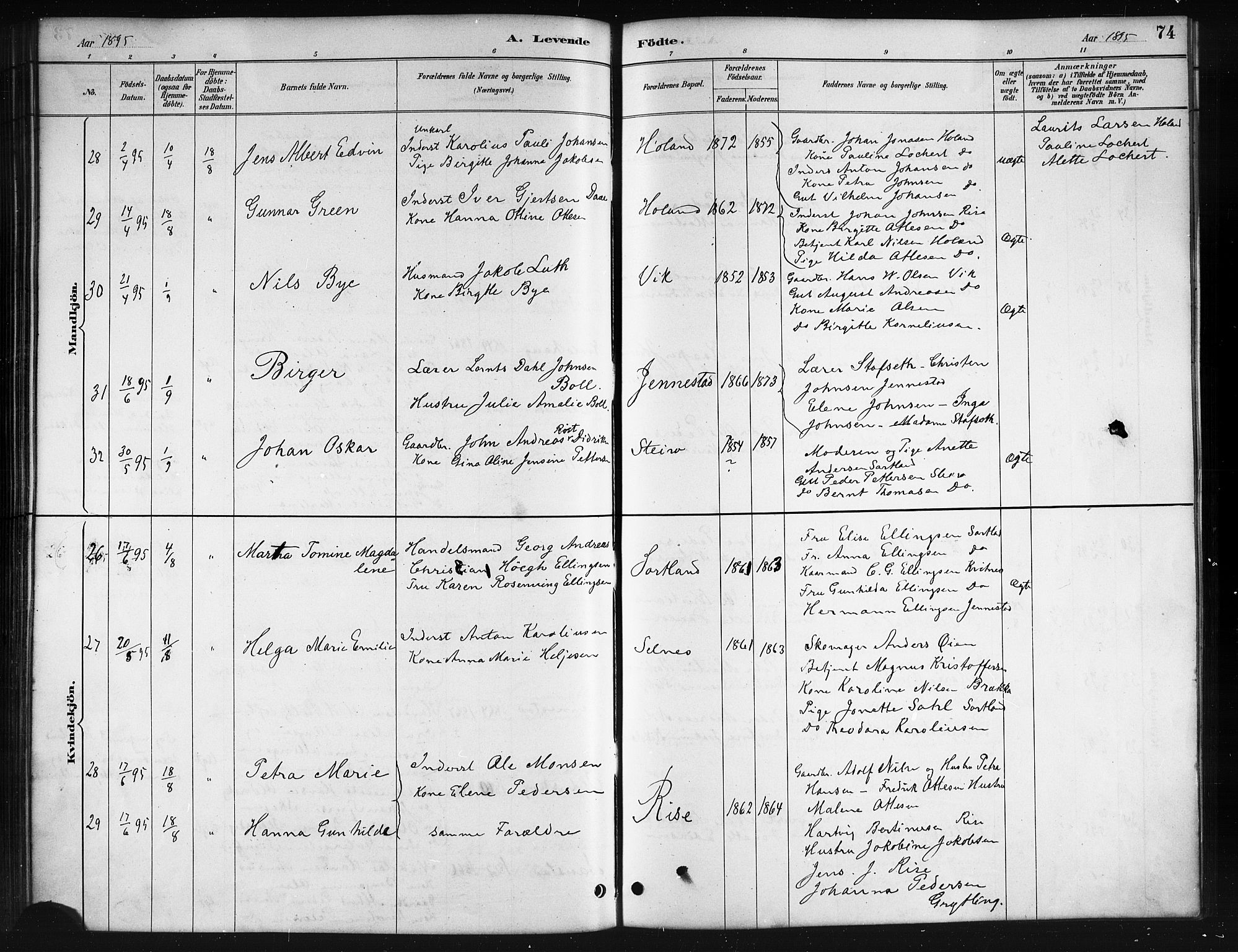 Ministerialprotokoller, klokkerbøker og fødselsregistre - Nordland, AV/SAT-A-1459/895/L1382: Klokkerbok nr. 895C04, 1885-1896, s. 74