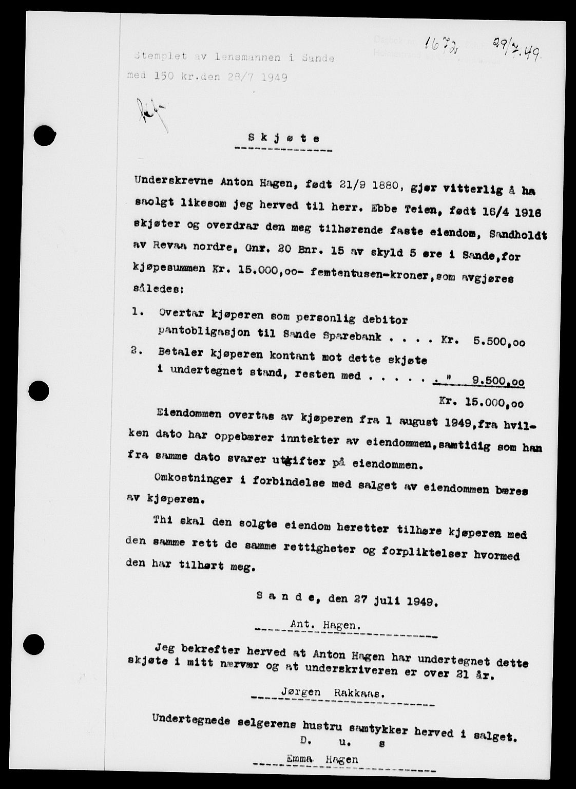 Holmestrand sorenskriveri, SAKO/A-67/G/Ga/Gaa/L0067: Pantebok nr. A-67, 1949-1949, Dagboknr: 1672/1949