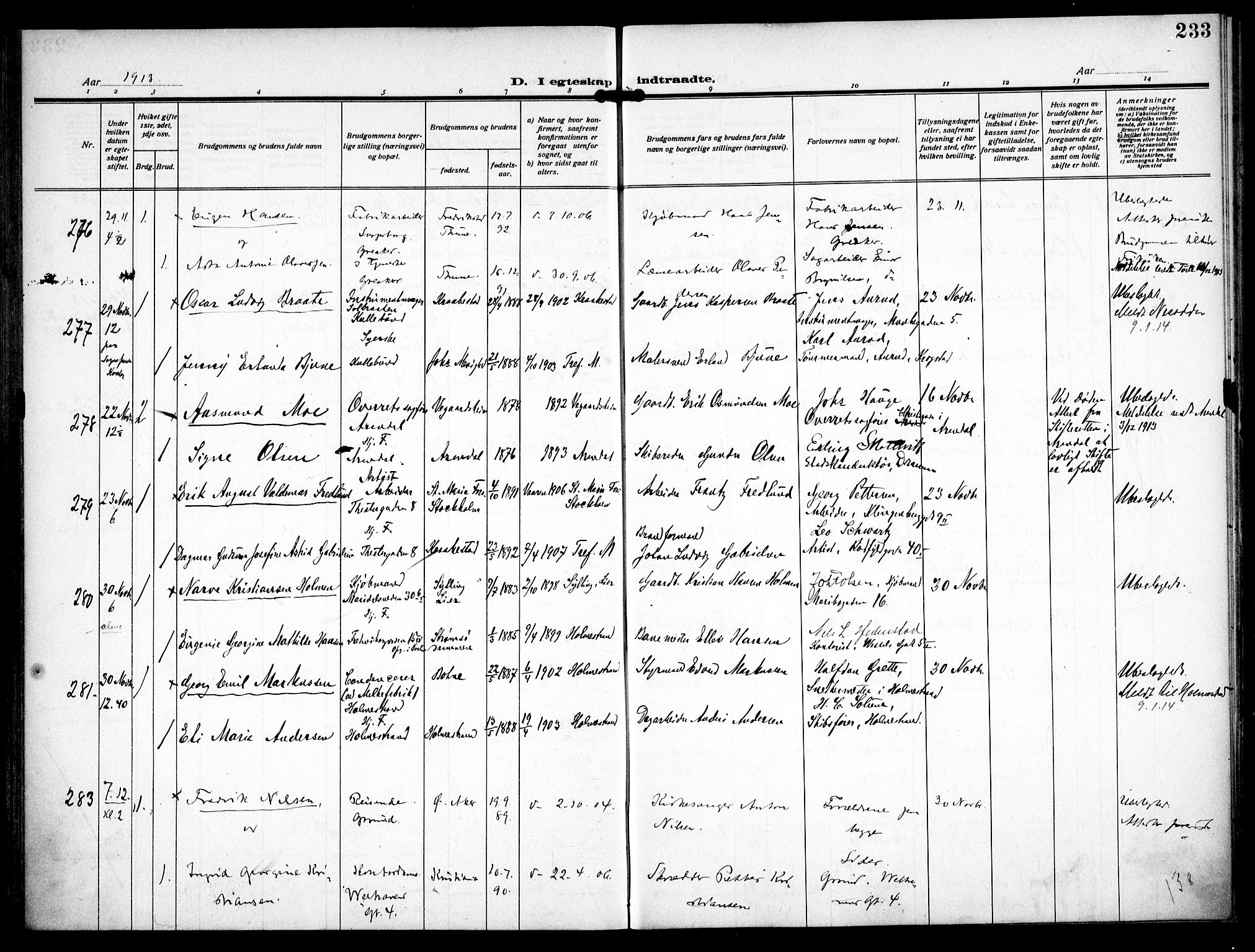 Trefoldighet prestekontor Kirkebøker, AV/SAO-A-10882/F/Fc/L0006: Ministerialbok nr. III 6, 1908-1914, s. 233