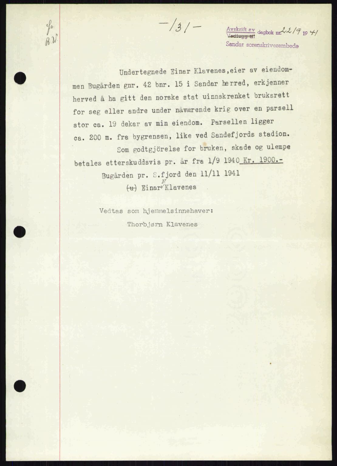Sandar sorenskriveri, AV/SAKO-A-86/G/Ga/Gab/L0001: Pantebok nr. B-1 og B-3 - B-9, 1936-1944, Dagboknr: 2219/1941