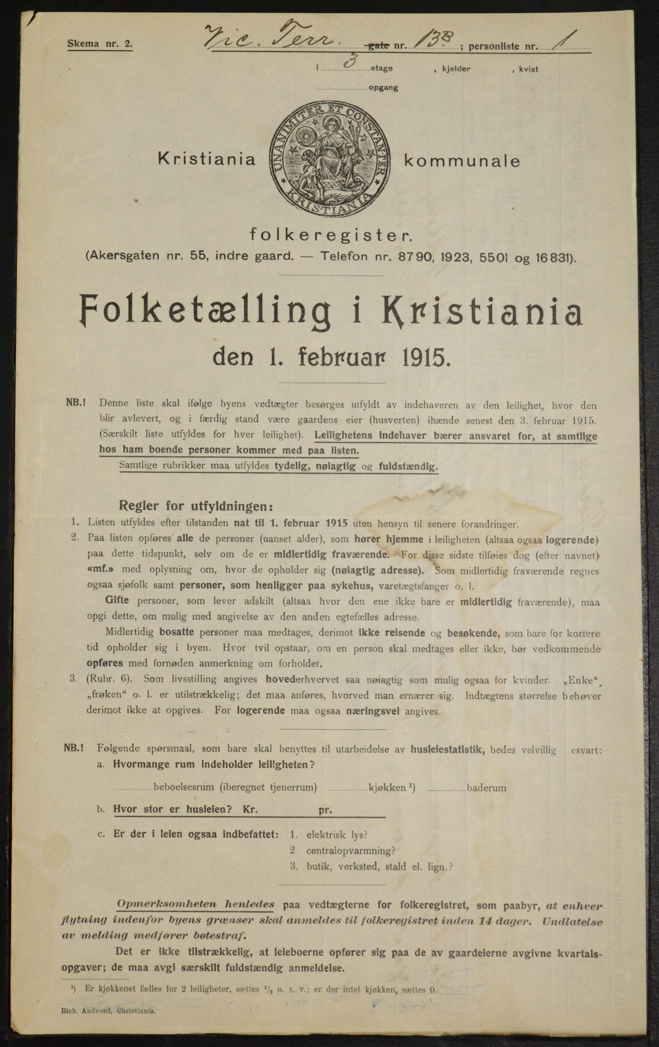 OBA, Kommunal folketelling 1.2.1915 for Kristiania, 1915, s. 124137