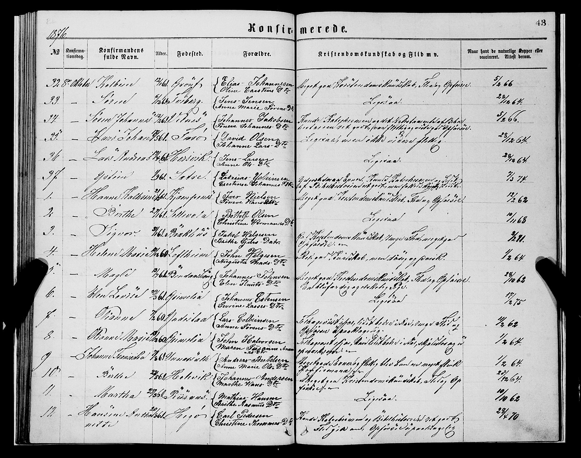 Askvoll sokneprestembete, AV/SAB-A-79501/H/Haa/Haaa/L0013: Ministerialbok nr. A 13, 1865-1878, s. 43