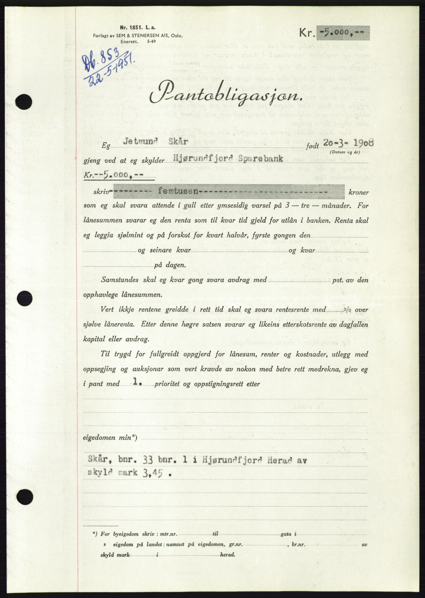 Søre Sunnmøre sorenskriveri, AV/SAT-A-4122/1/2/2C/L0120: Pantebok nr. 8B, 1951-1951, Dagboknr: 853/1951