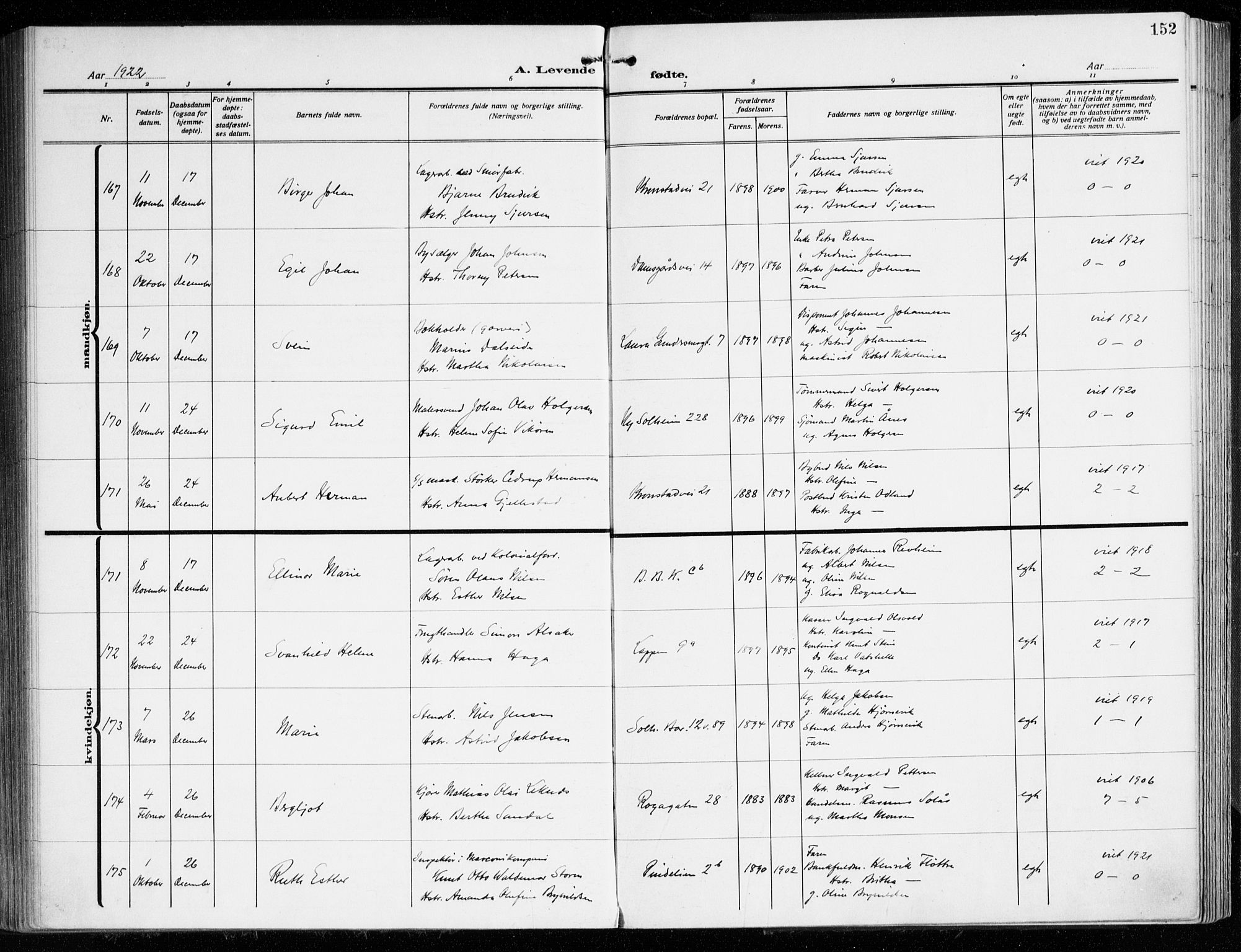 Årstad Sokneprestembete, AV/SAB-A-79301/H/Haa/L0004: Ministerialbok nr. A 4, 1919-1928, s. 152