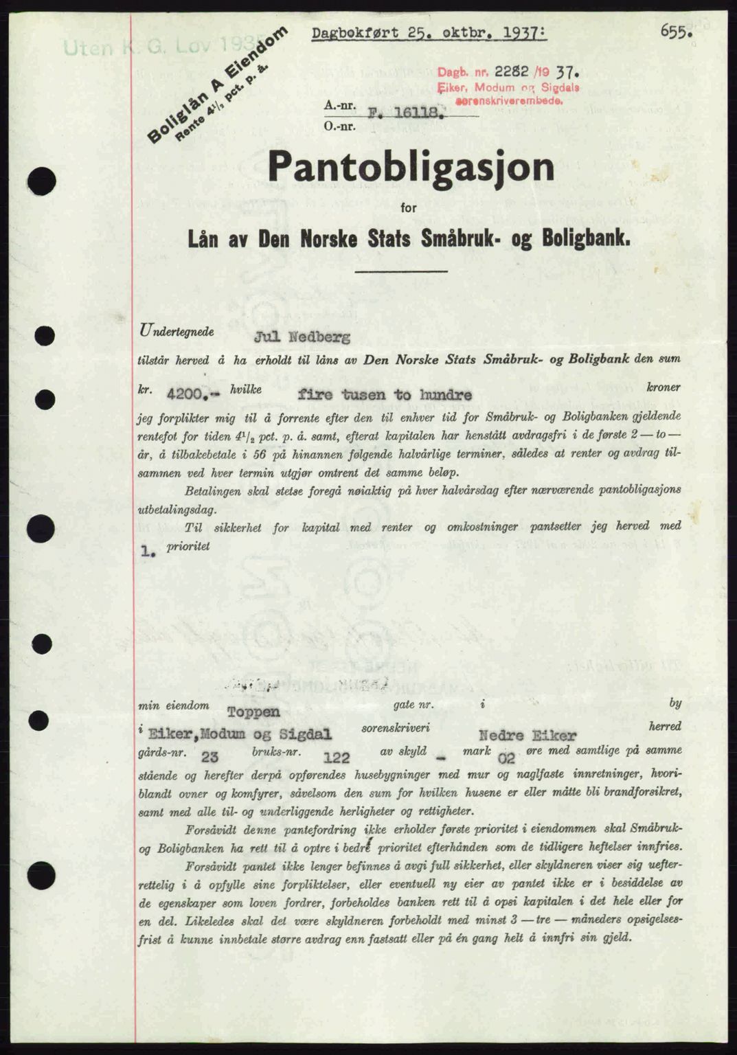 Eiker, Modum og Sigdal sorenskriveri, SAKO/A-123/G/Ga/Gab/L0036: Pantebok nr. A6, 1937-1937, Dagboknr: 2282/1937
