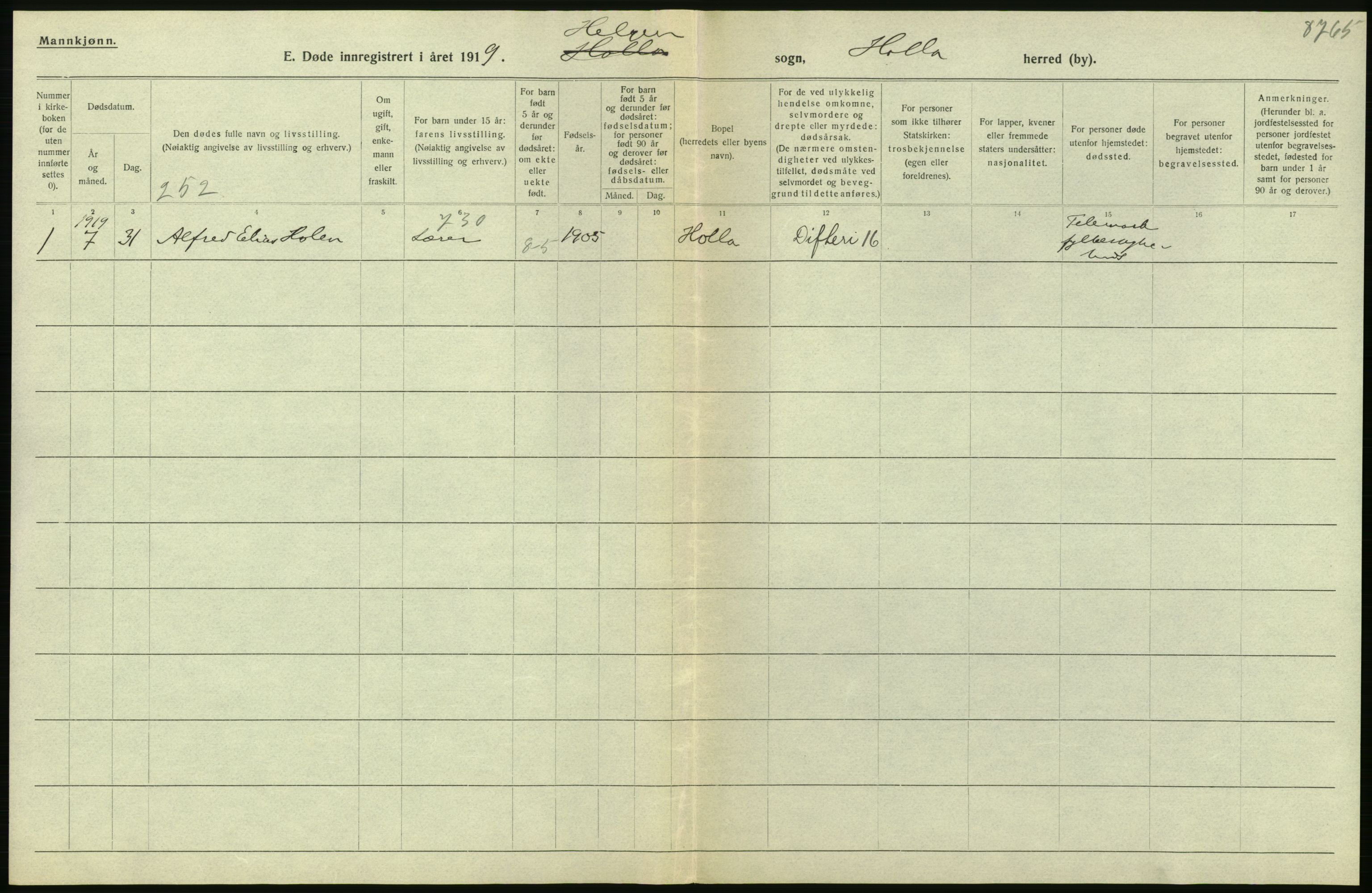 Statistisk sentralbyrå, Sosiodemografiske emner, Befolkning, AV/RA-S-2228/D/Df/Dfb/Dfbi/L0023: Telemark fylke: Døde. Bygder og byer., 1919, s. 86