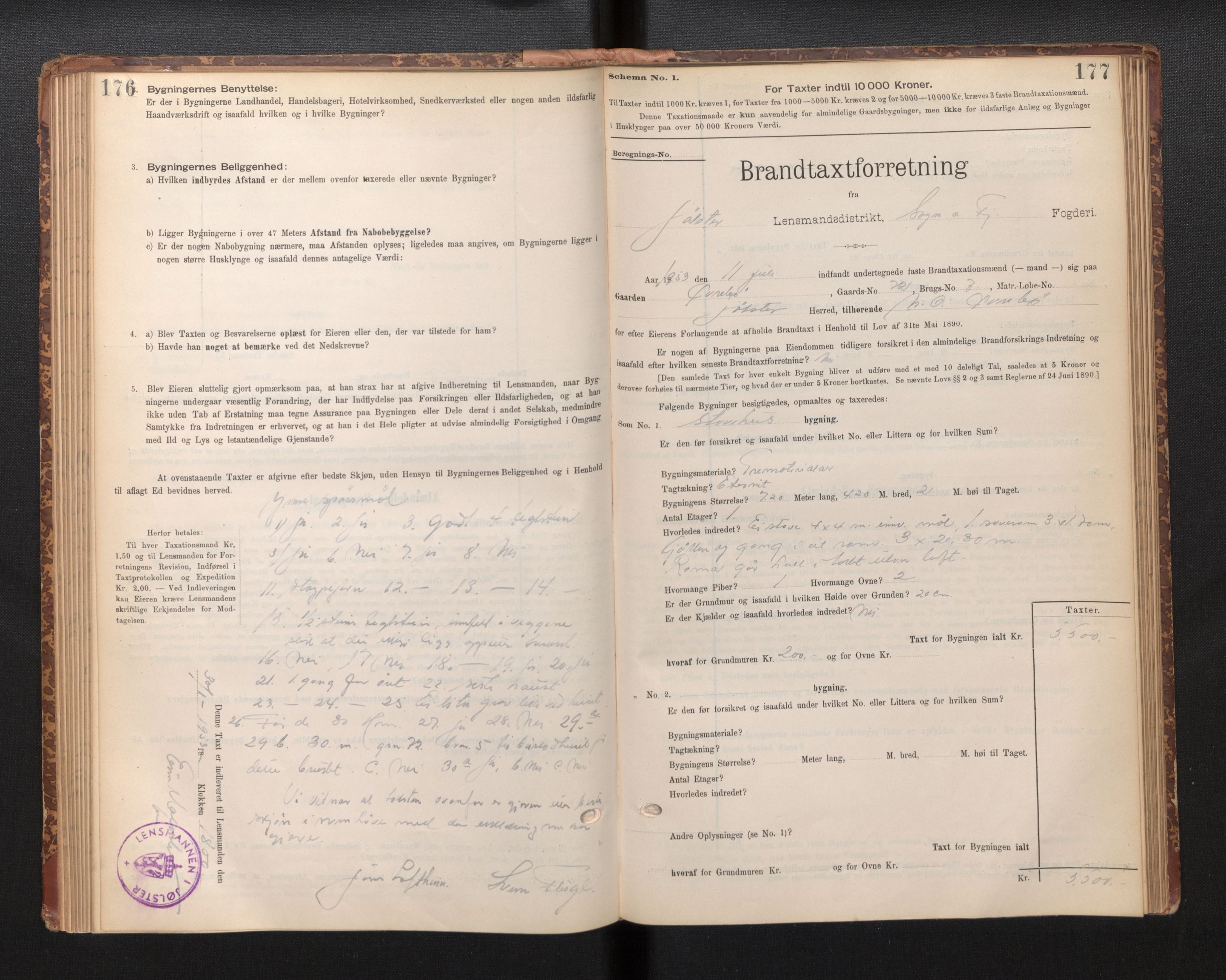 Lensmannen i Jølster, SAB/A-28701/0012/L0004: Branntakstprotokoll, skjematakst, 1895-1923, s. 176-177