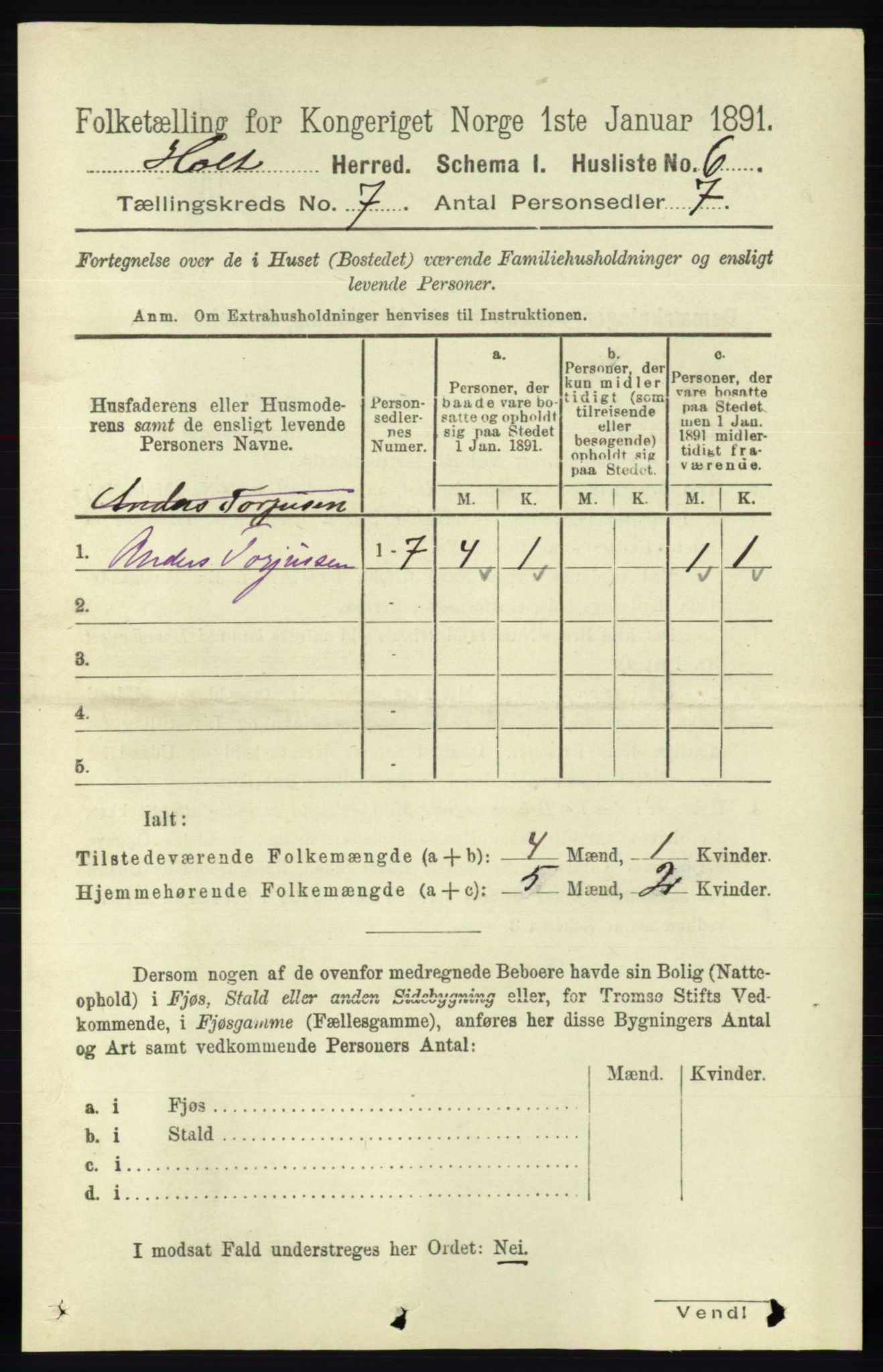 RA, Folketelling 1891 for 0914 Holt herred, 1891, s. 3300