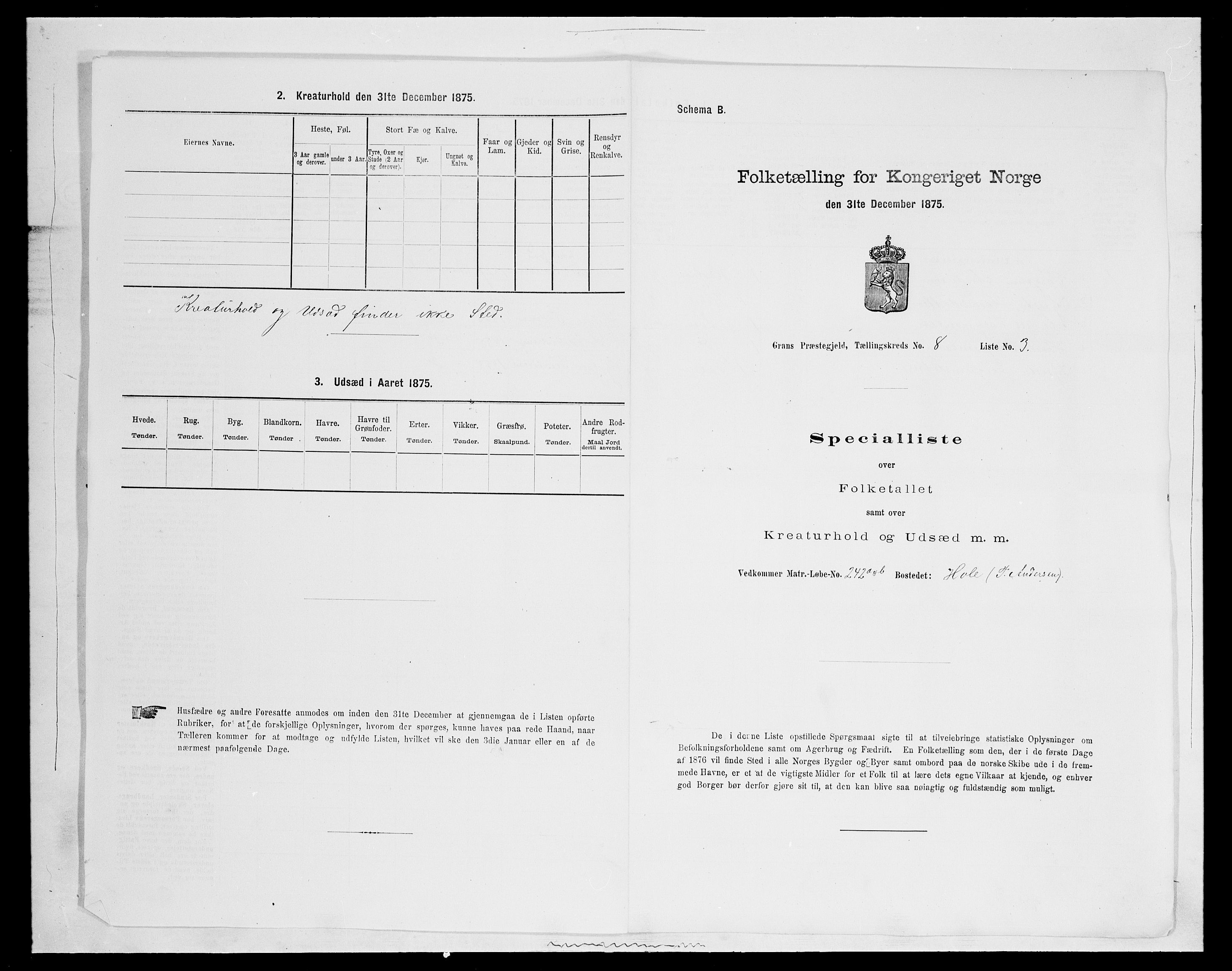 SAH, Folketelling 1875 for 0534P Gran prestegjeld, 1875, s. 1485