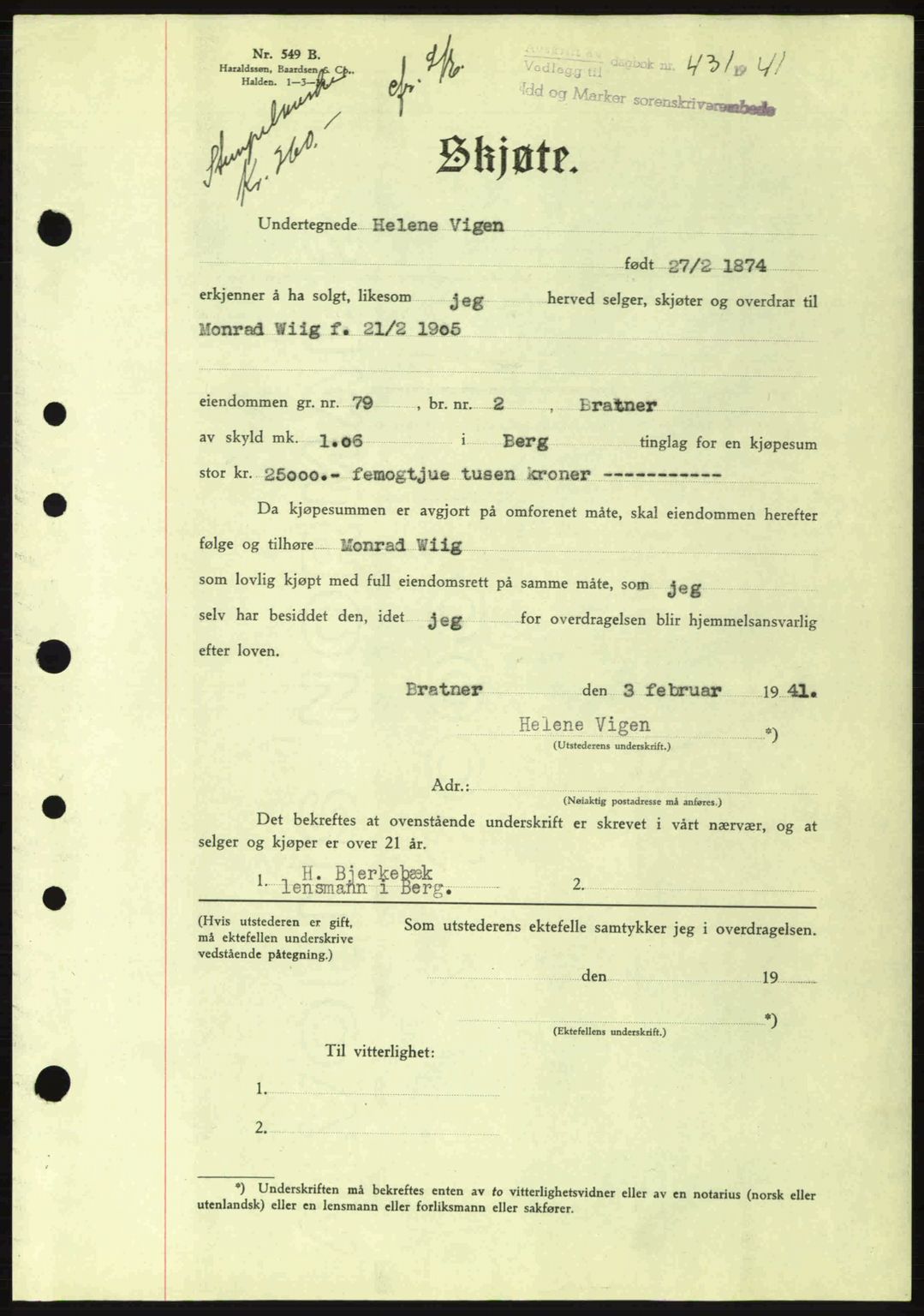 Idd og Marker sorenskriveri, AV/SAO-A-10283/G/Gb/Gbb/L0004: Pantebok nr. A4, 1940-1941, Dagboknr: 431/1941