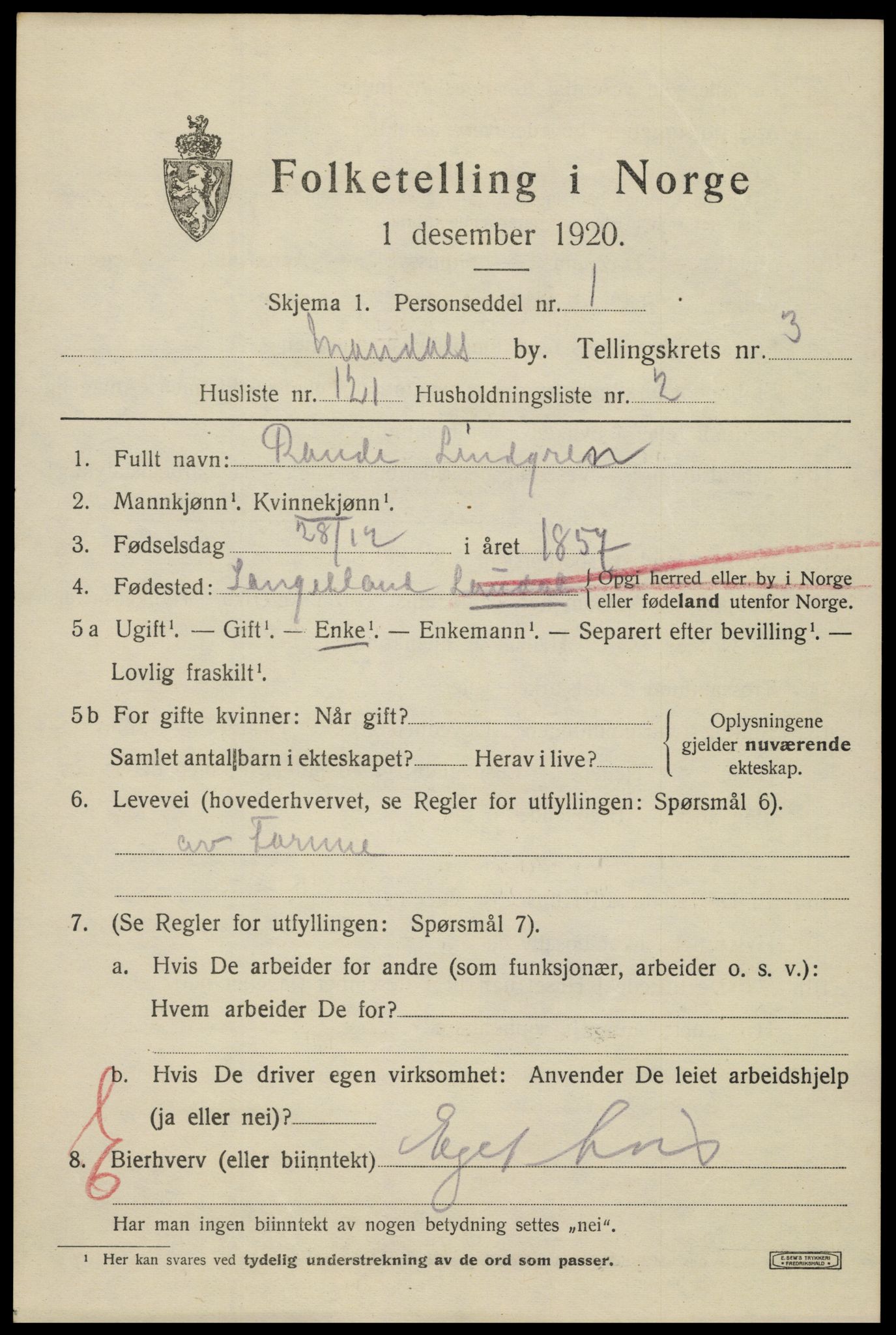 SAK, Folketelling 1920 for 1002 Mandal ladested, 1920, s. 6827