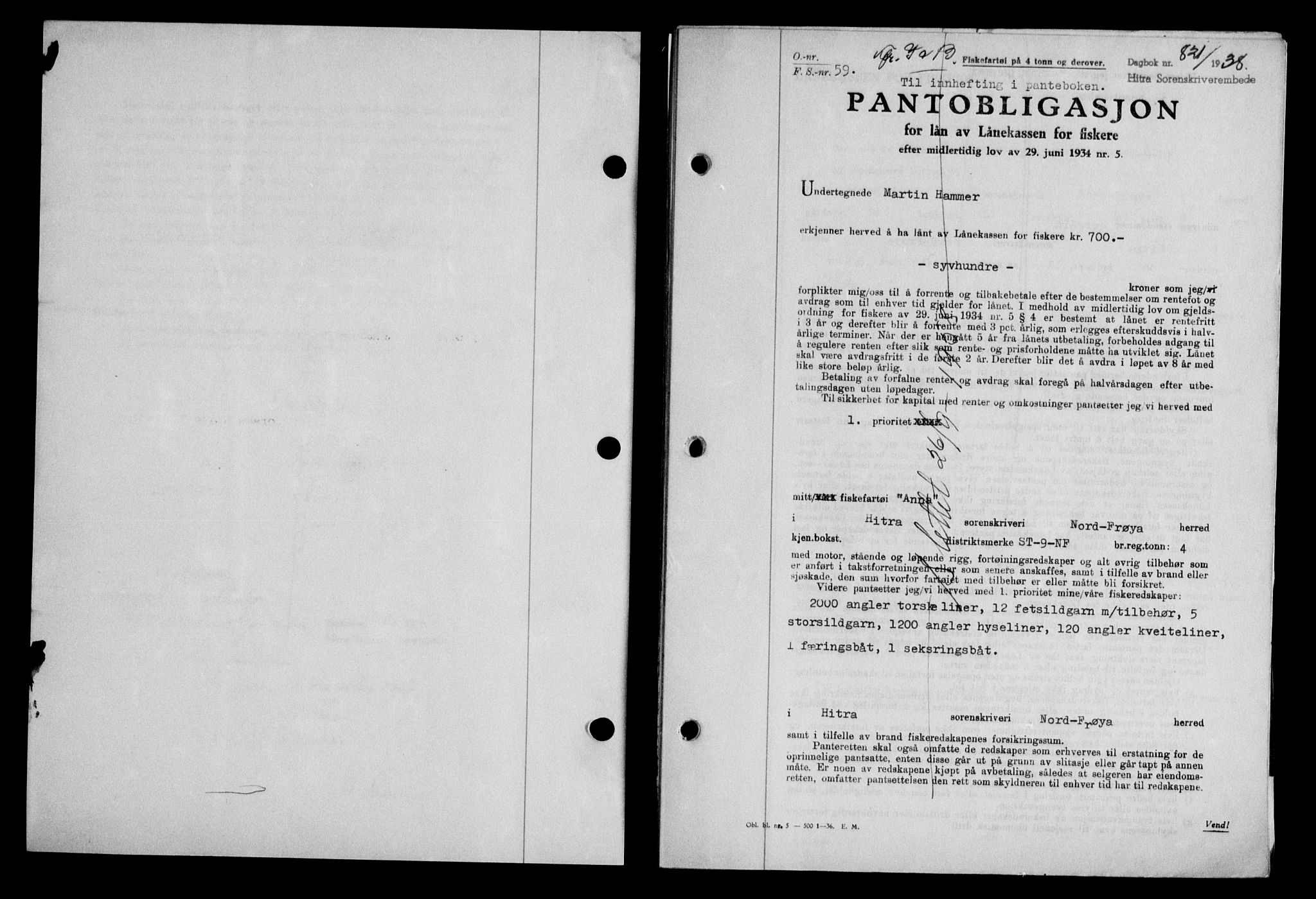 Hitra sorenskriveri, AV/SAT-A-0018/2/2C/2Ca/L0028: Pantebok nr. B-1, 1936-1939, Dagboknr: 821/1938