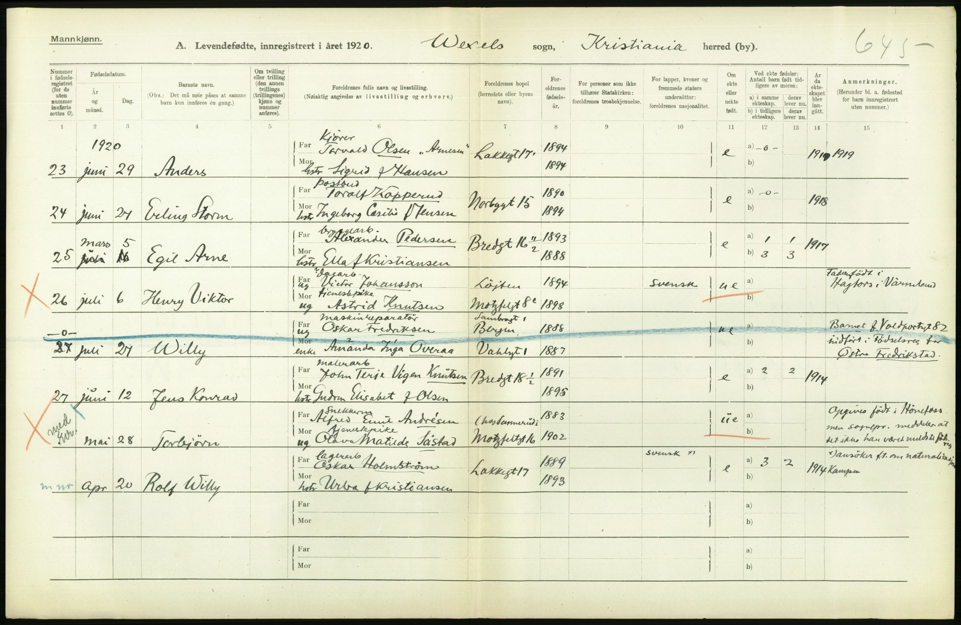 Statistisk sentralbyrå, Sosiodemografiske emner, Befolkning, AV/RA-S-2228/D/Df/Dfb/Dfbj/L0008: Kristiania: Levendefødte menn og kvinner., 1920, s. 294